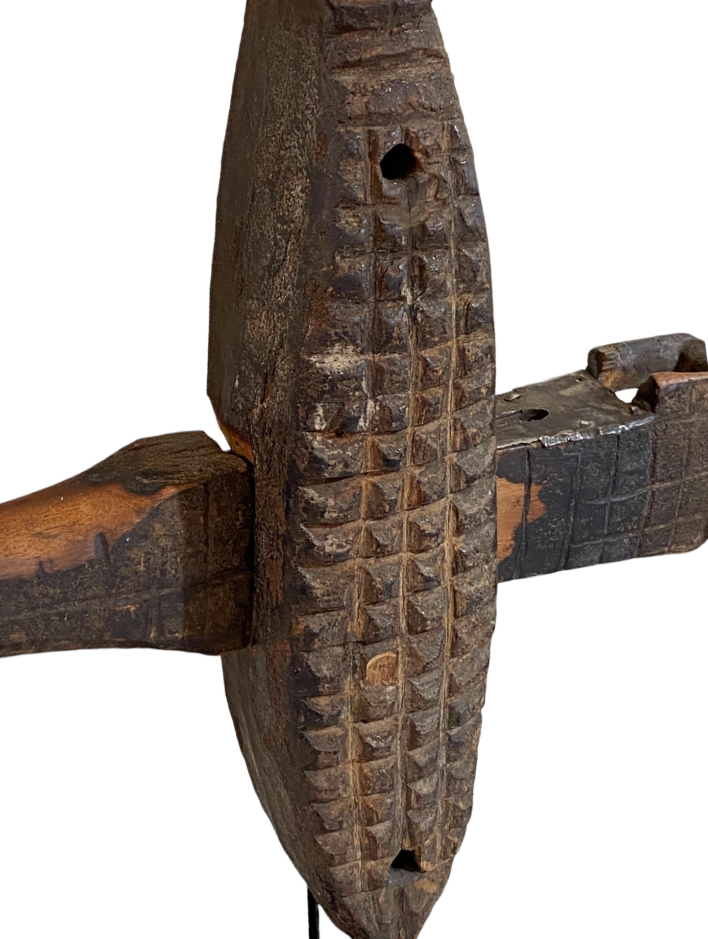 #4729 Old African Dogon Crocodile Lock on Stand Mali 21.5" H