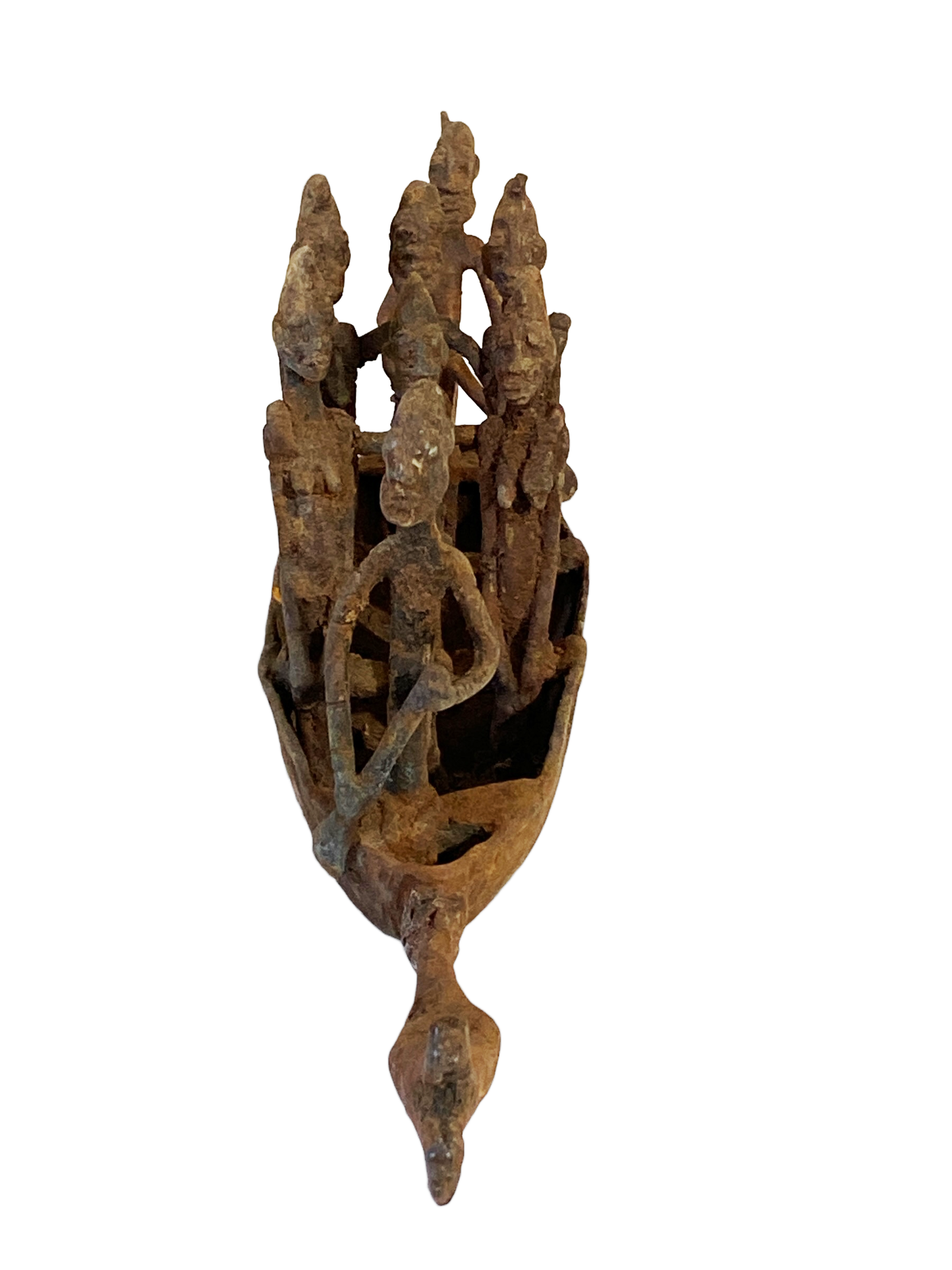 #4899 Large Dogon Bronze Pirogue Crocodile Boat W/ figures , Mali 15.5" W