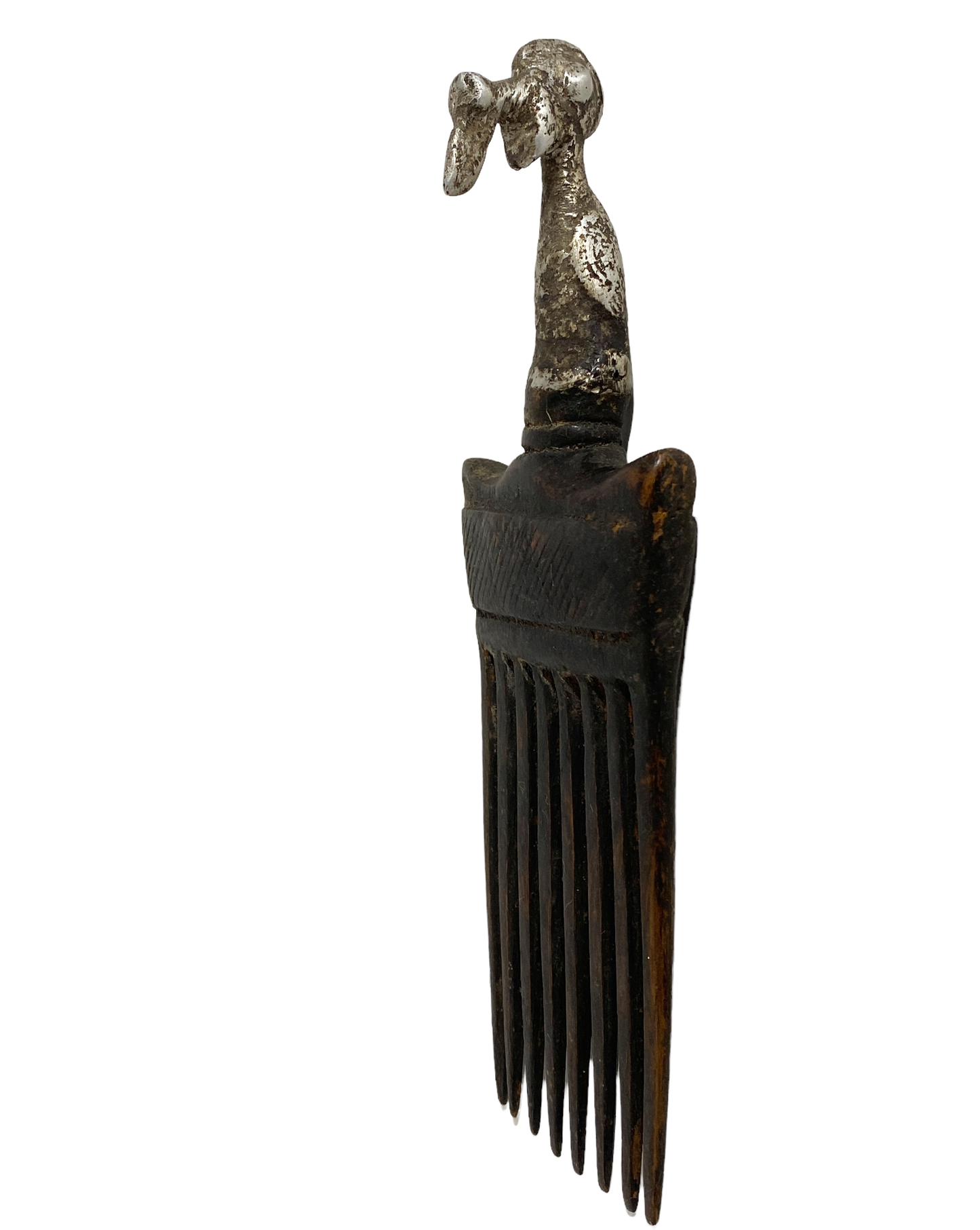 #915 African Baule I.Coast Comb W/ Aluminum Bird Head Sculpture 7.75 " h