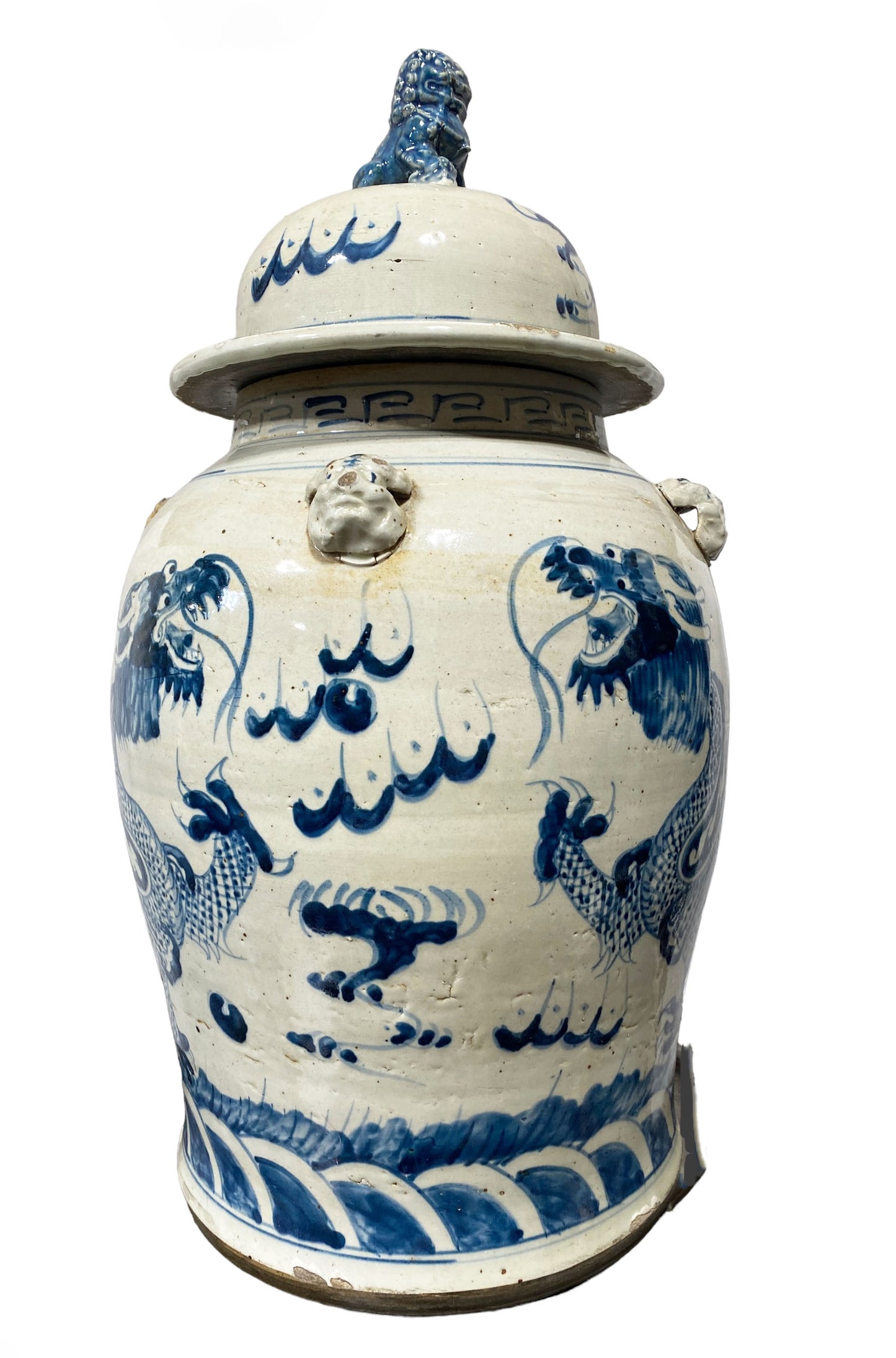 #3163 Lg Chinoiserie Blue & White Porcelain Dragons Ginger Jar, 24" H