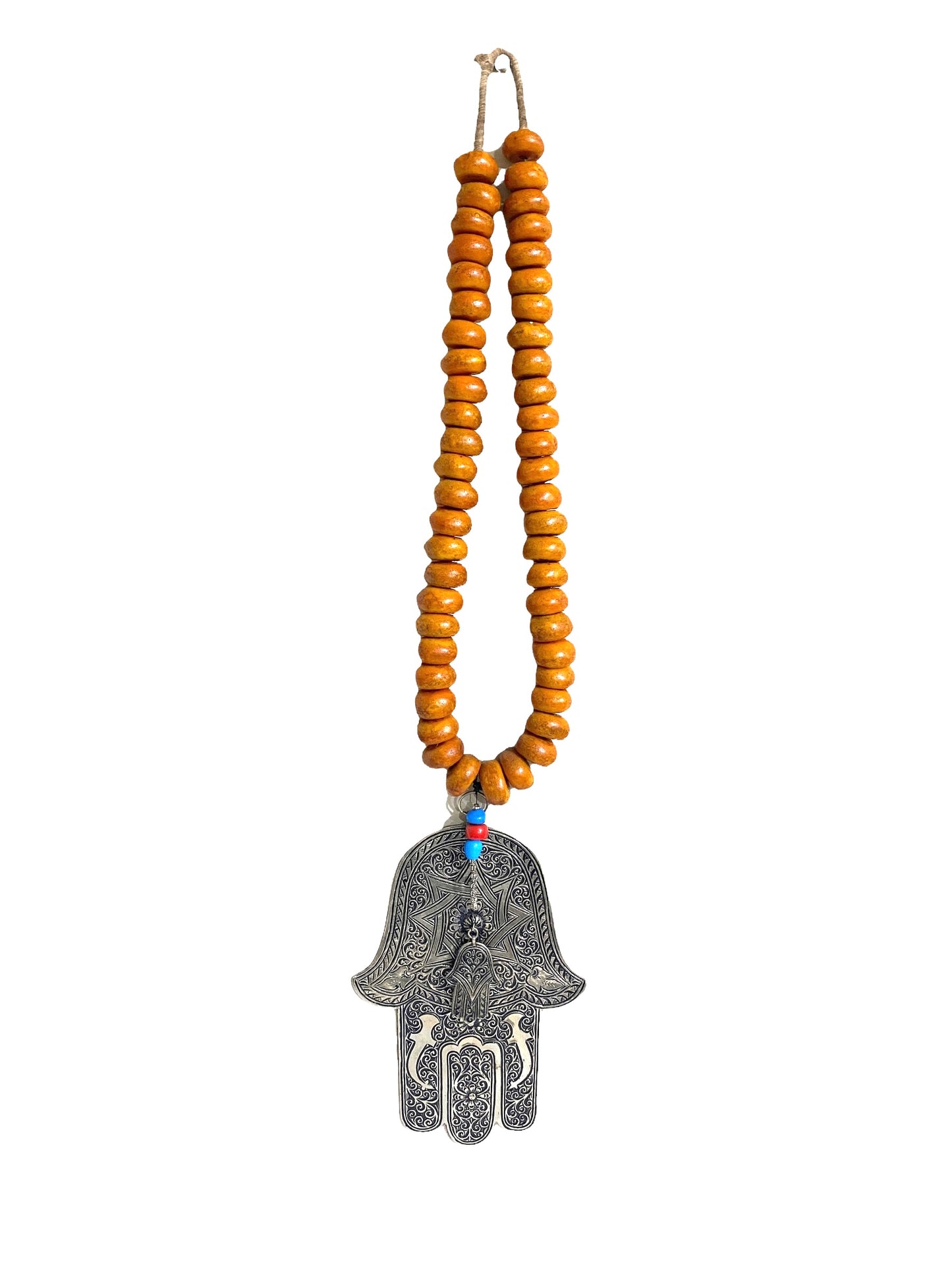 #4557 Amber necklace W / Moroccan Silver Hamsa / Hand Of Fatima 30.5" H