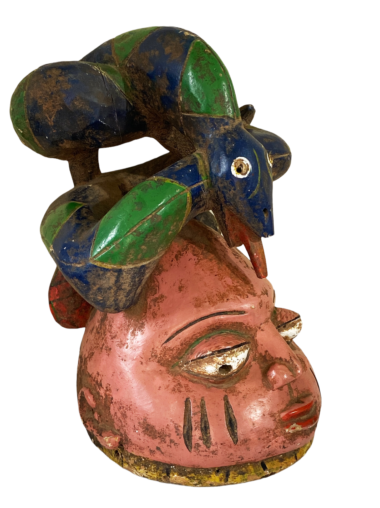 #1507 Rare Old African Nigerian Yoruba Gelede Masquerade Helmut Mask 13.25" H