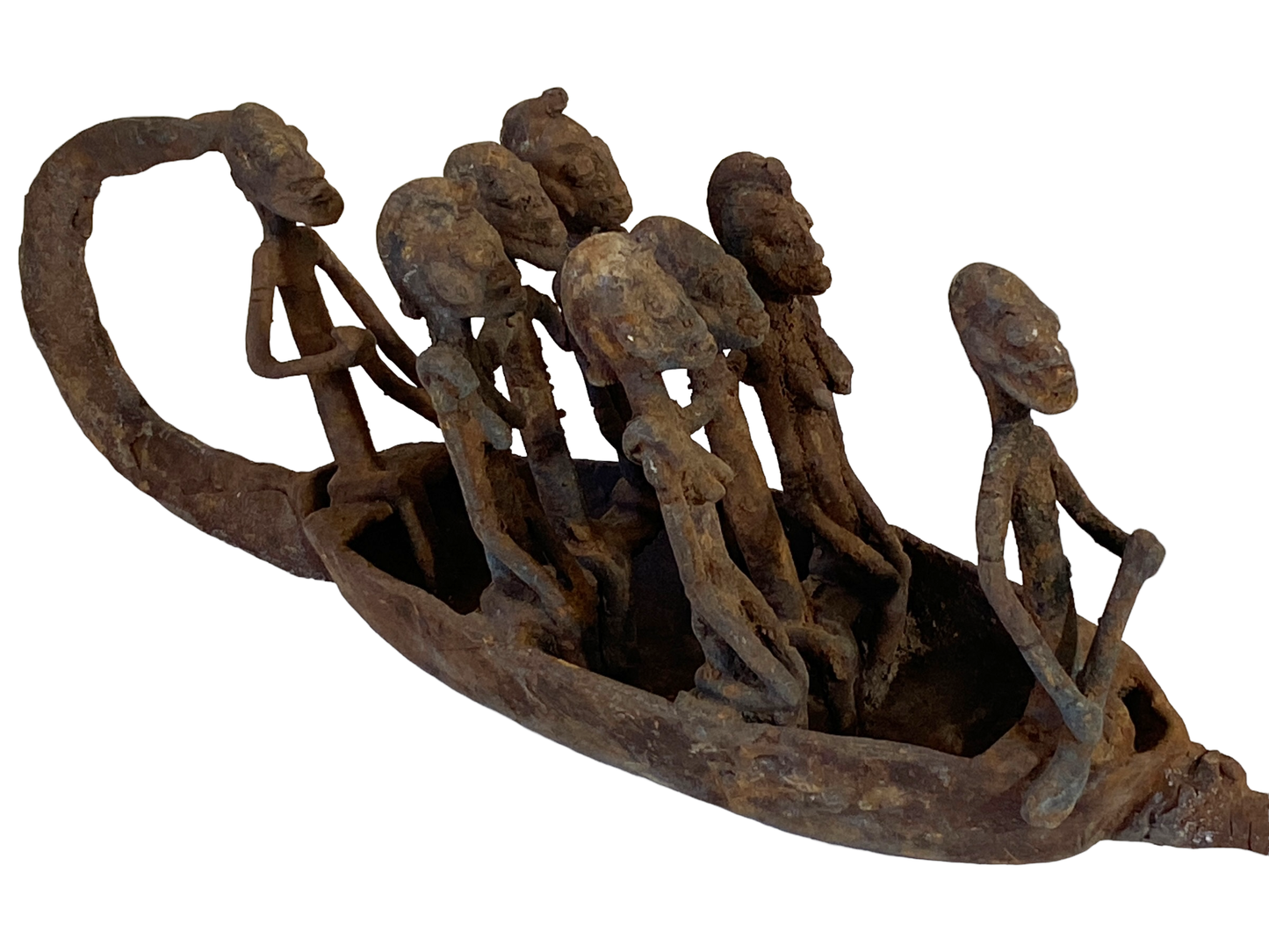 #4899 Large Dogon Bronze Pirogue Crocodile Boat W/ figures , Mali 15.5" W