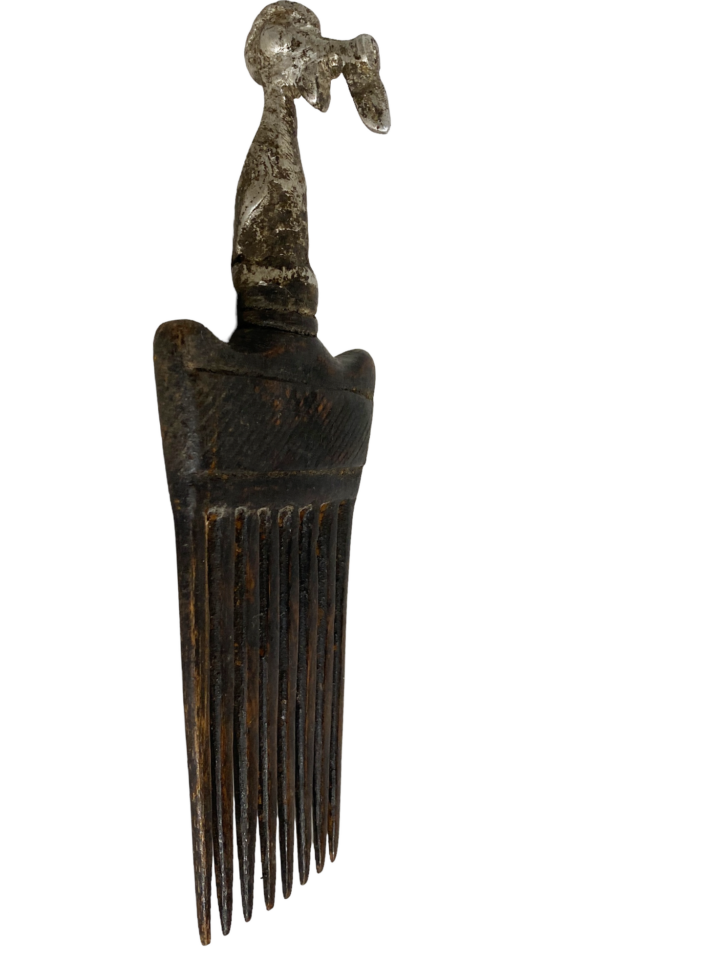 #915 African Baule I.Coast Comb W/ Aluminum Bird Head Sculpture 7.75 " h