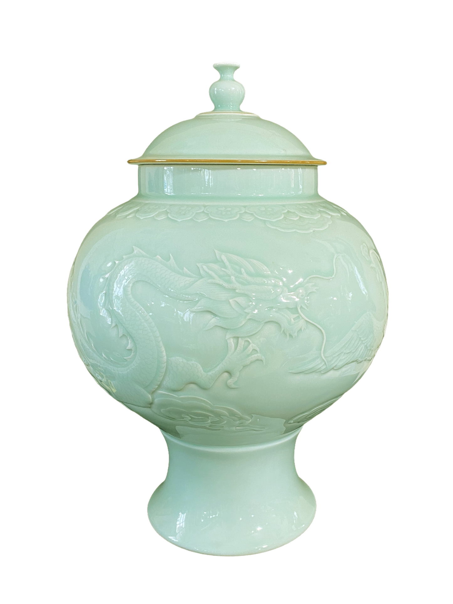 #993 Chinoiserie Porcelain Celadon Glaze Lidded Ginger Jar 19.5" H .