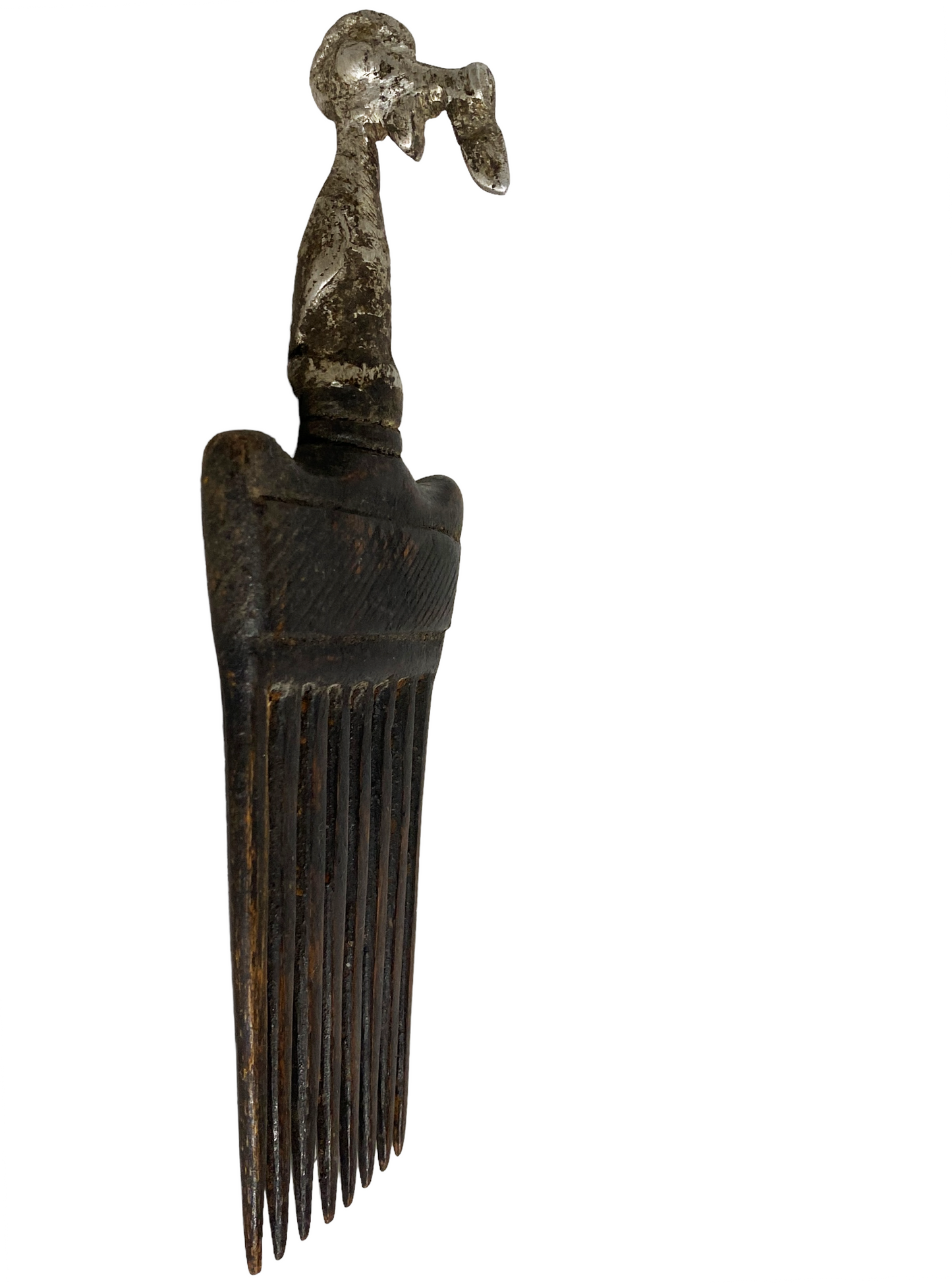 #915 African Baule I.Coast Comb W/ Aluminum Bird Head Sculpture 7.75 " h