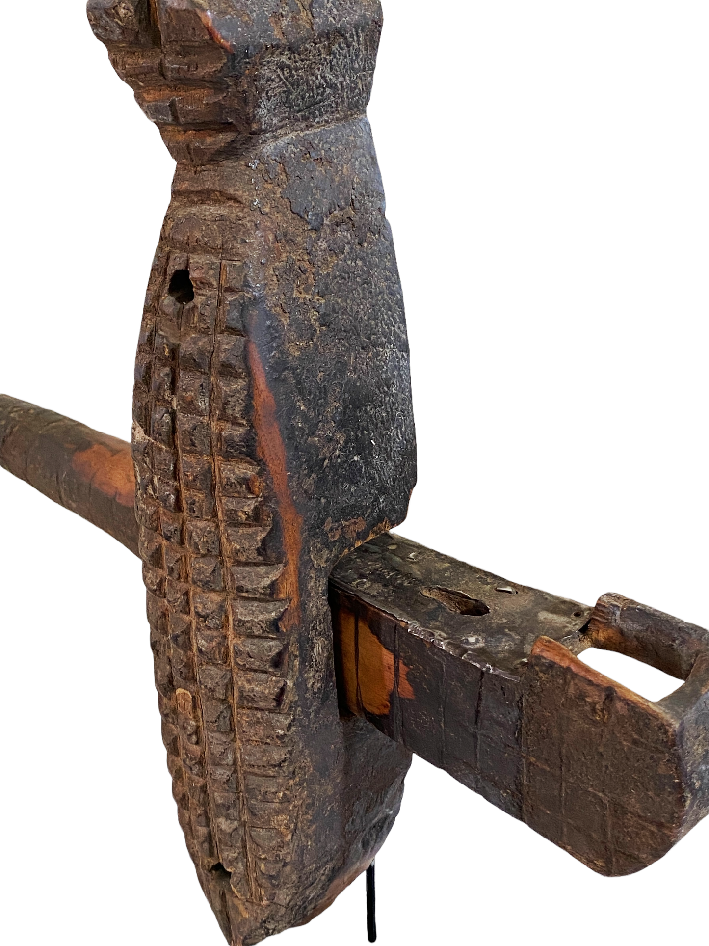 #4729 Old African Dogon Crocodile Lock on Stand Mali 21.5" H