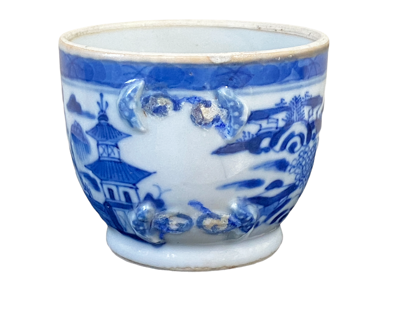 #4846 Antique Blue & White Canton Pagoda Motif Tea Cup
