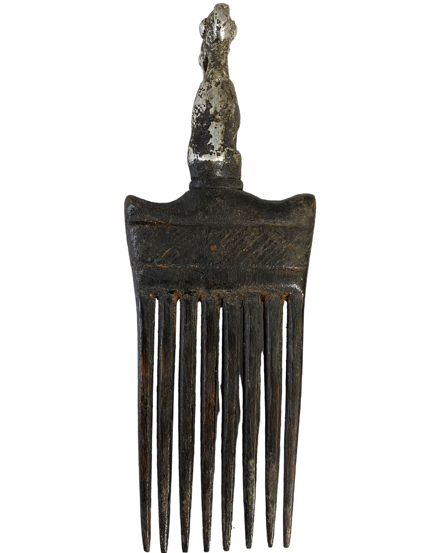 #915 African Baule I.Coast Comb W/ Aluminum Bird Head Sculpture 7.75 " h