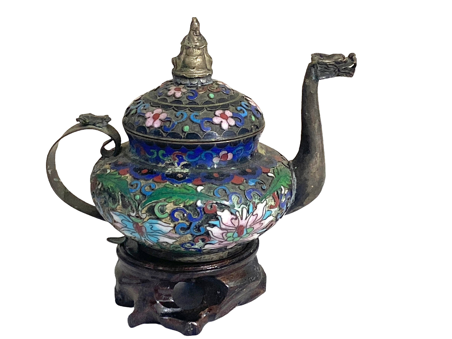 #4613 Chinese Cloisonné Miniature Tea Pot on Stand 4.5" H