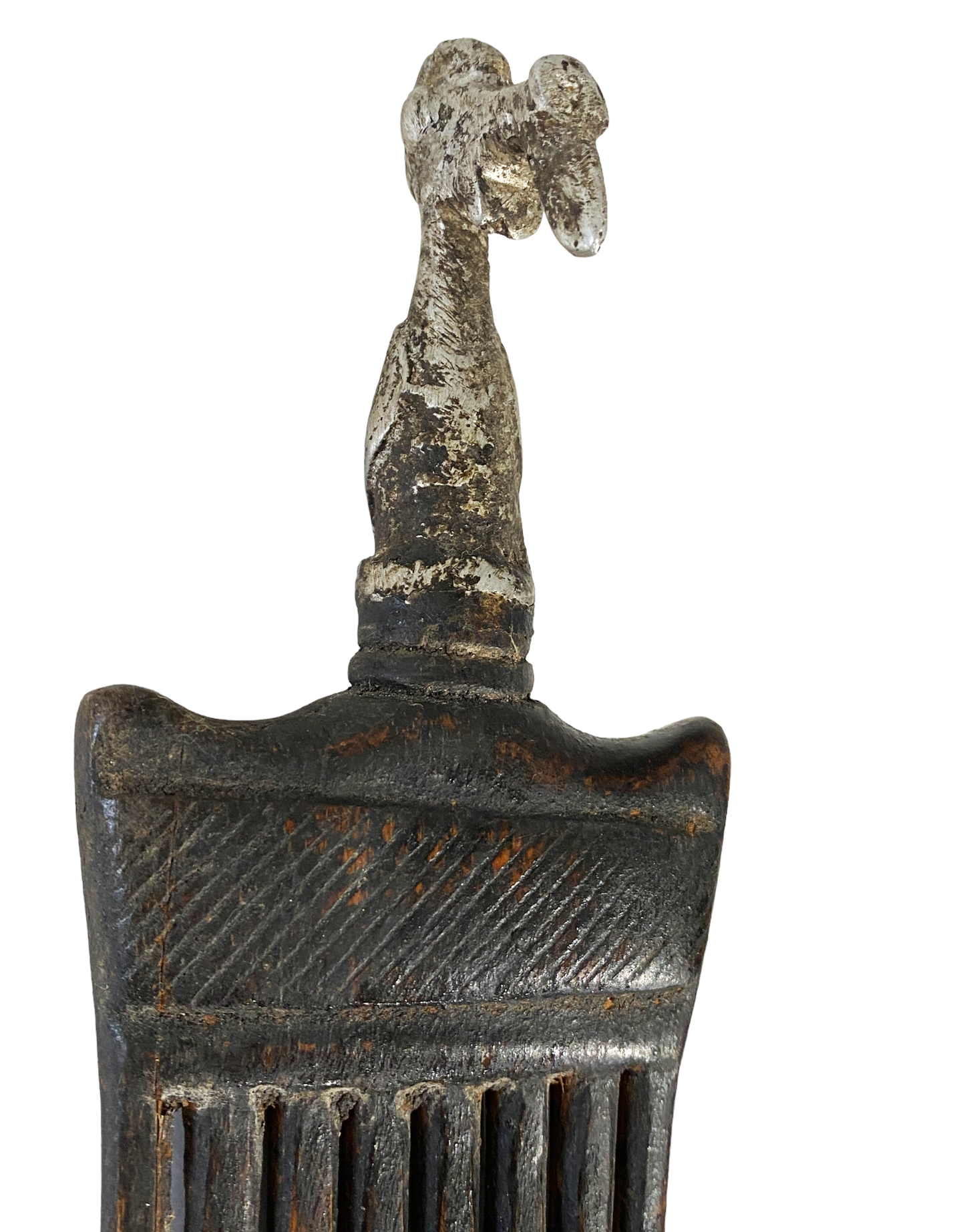 #915 African Baule I.Coast Comb W/ Aluminum Bird Head Sculpture 7.75 " h
