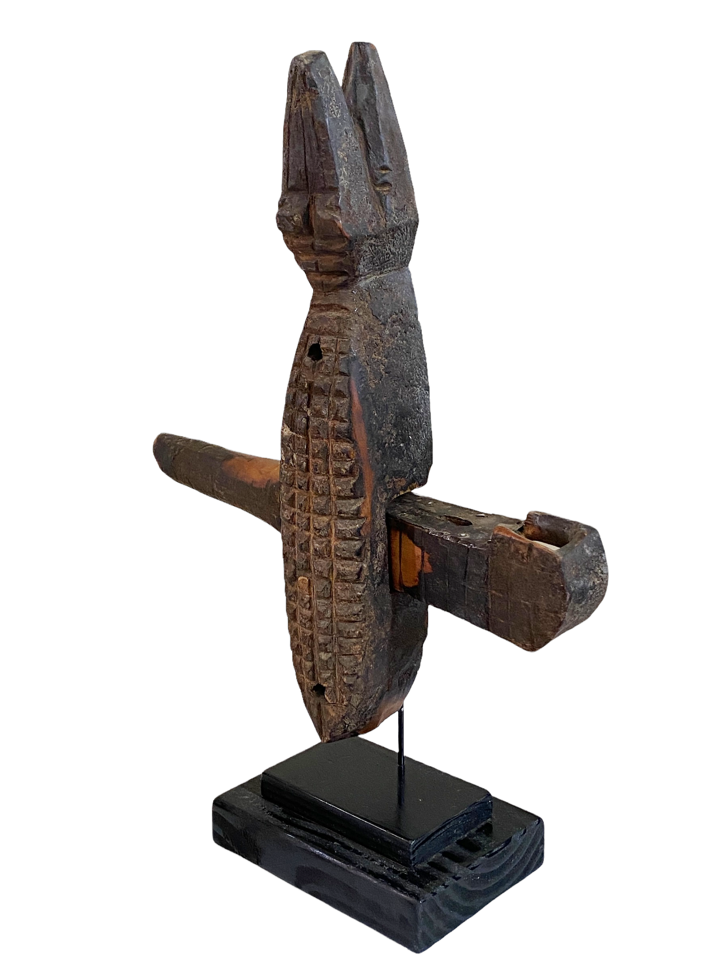 #4729 Old African Dogon Crocodile Lock on Stand Mali 21.5" H