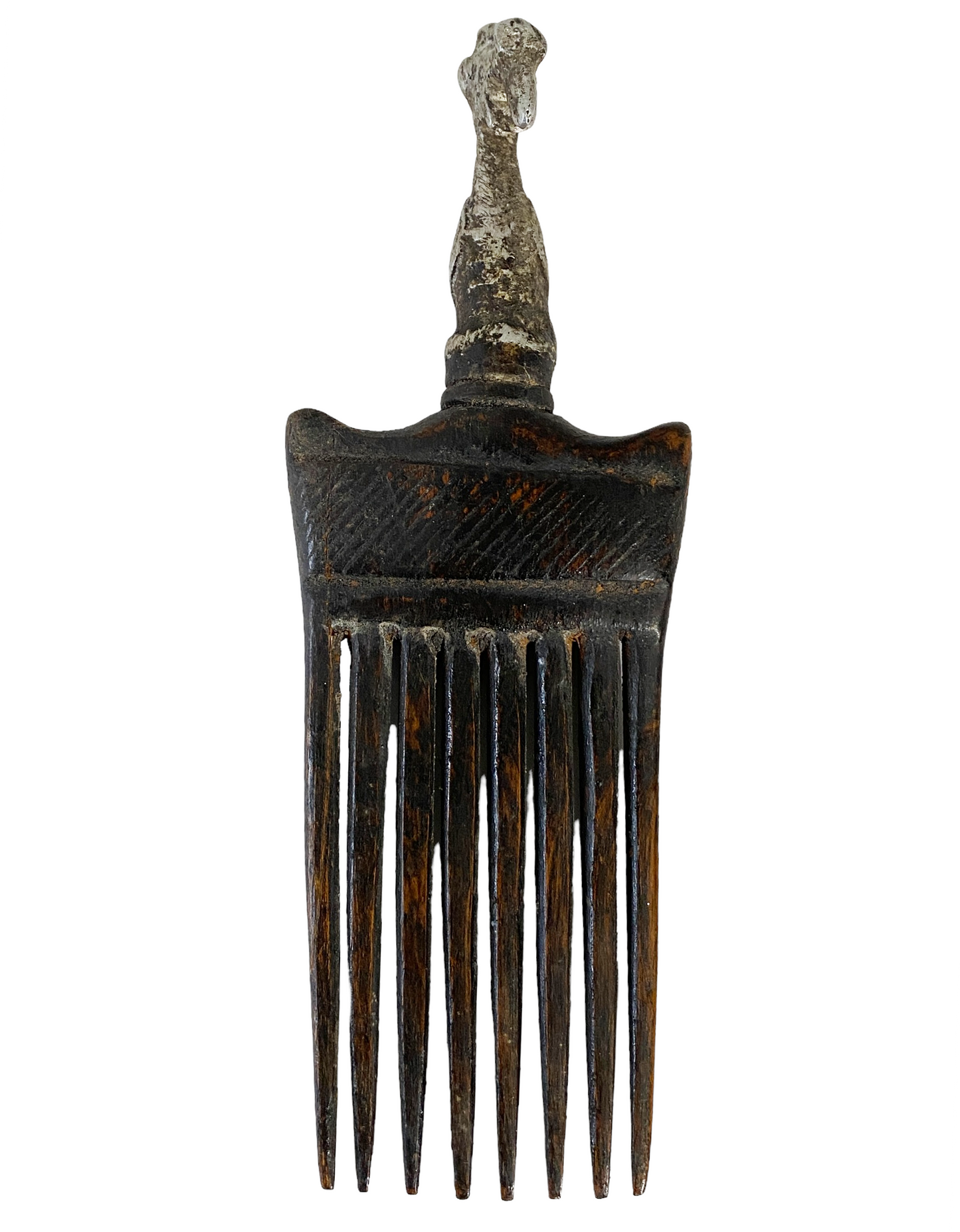 #915 African Baule I.Coast Comb W/ Aluminum Bird Head Sculpture 7.75 " h