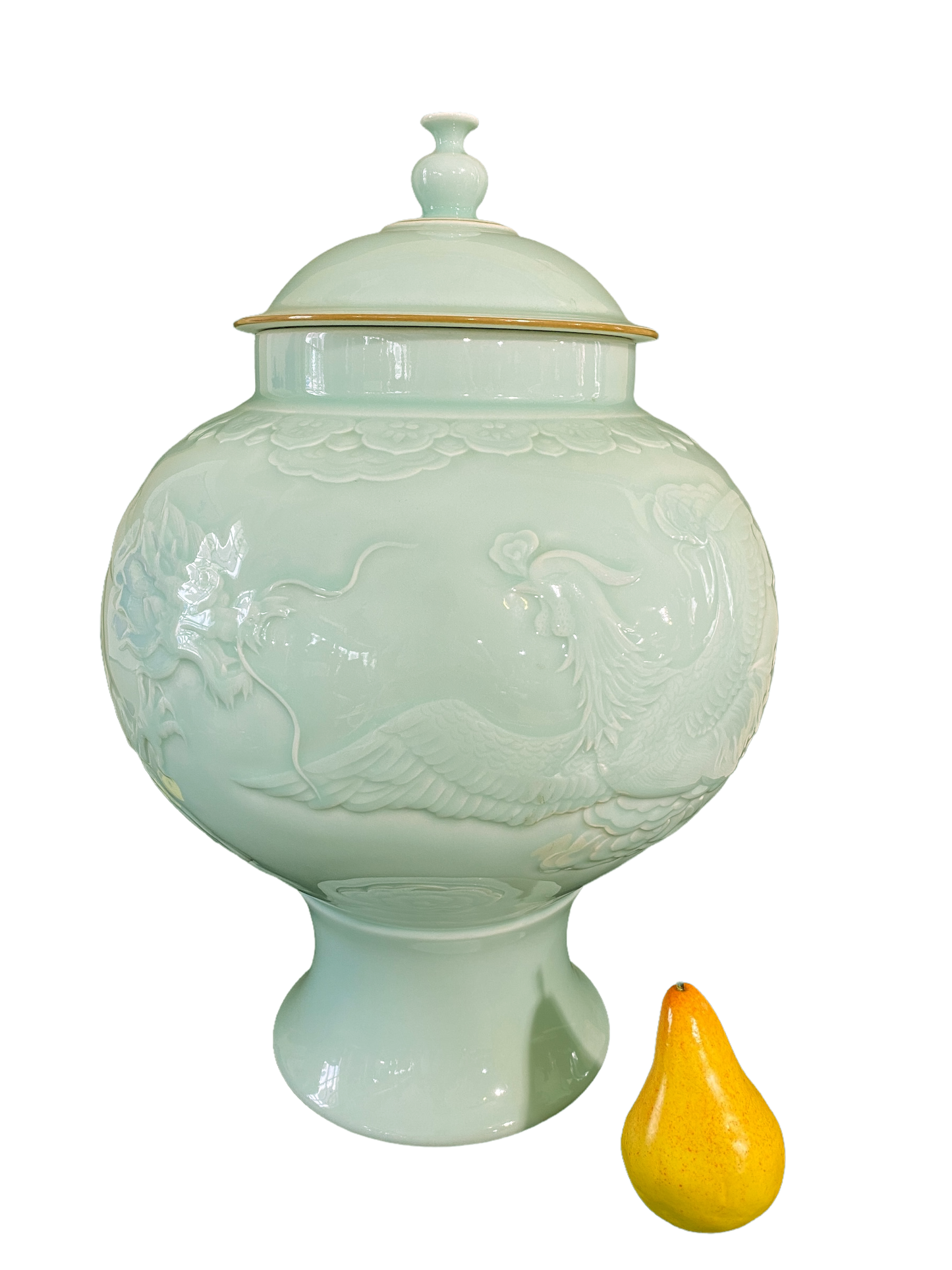 #993 Chinoiserie Porcelain Celadon Glaze Lidded Ginger Jar 19.5" H .