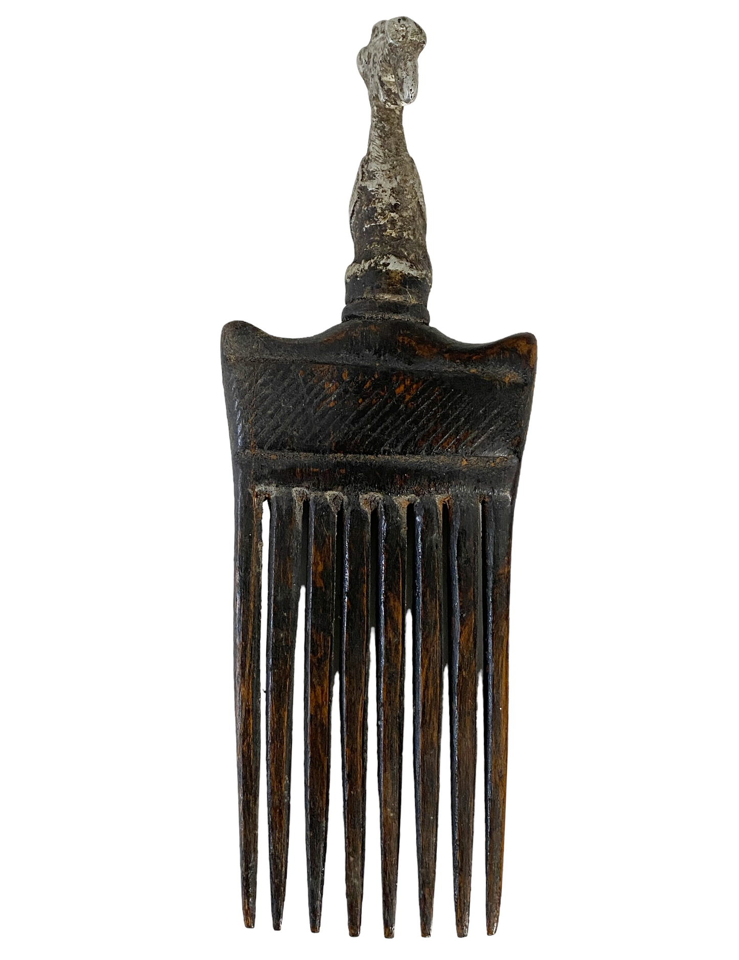 #915 African Baule I.Coast Comb W/ Aluminum Bird Head Sculpture 7.75 " h