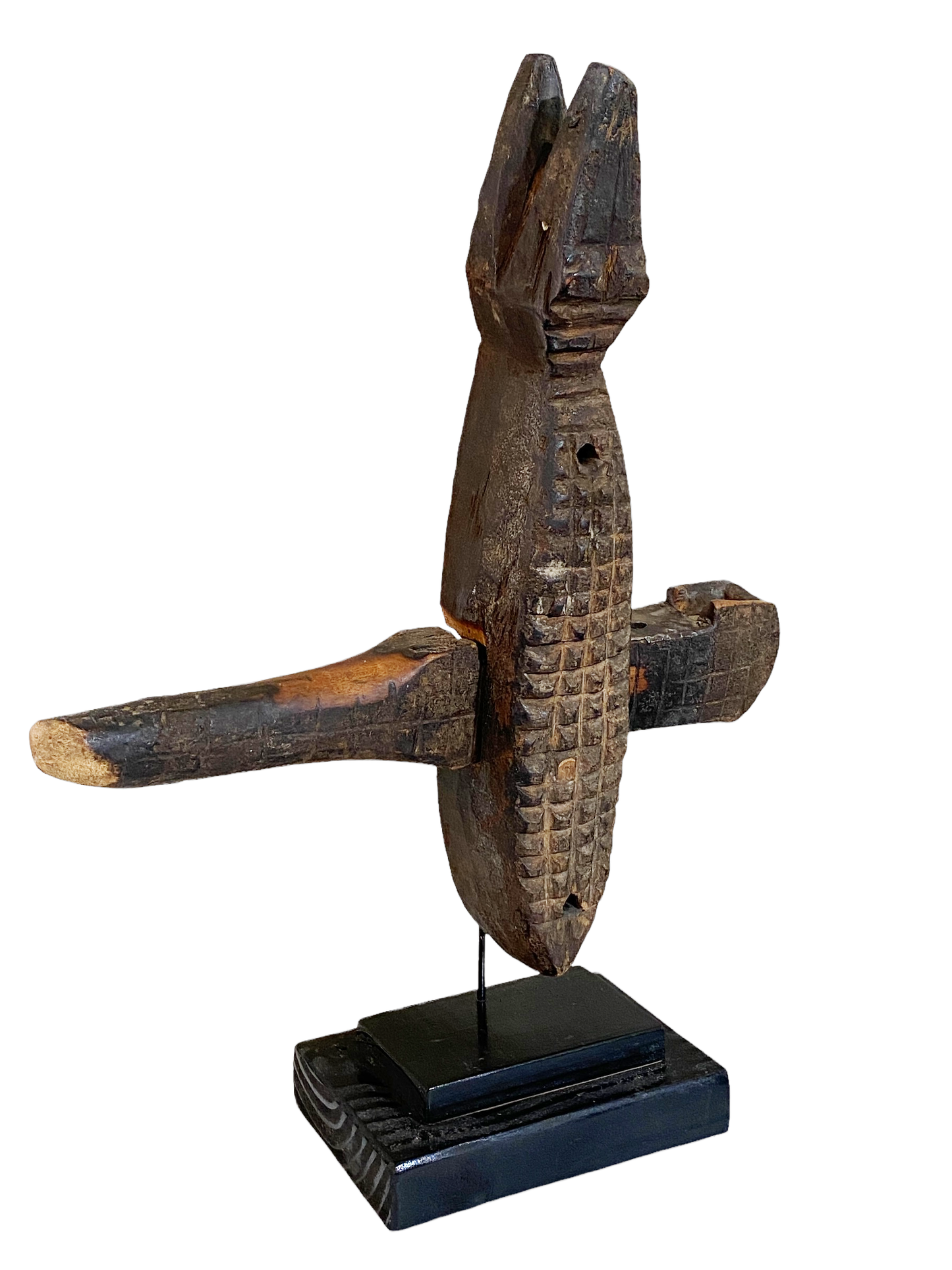 #4729 Old African Dogon Crocodile Lock on Stand Mali 21.5" H