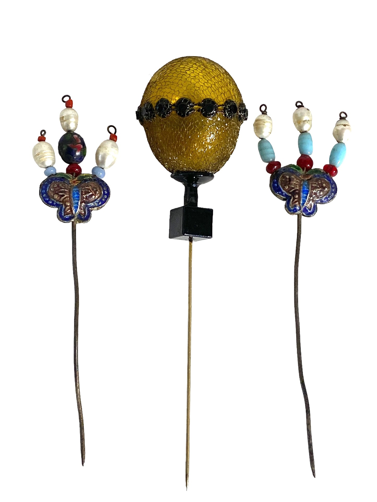 #5017 Old Set Of Two Asian Hairpins and an Art Deco Hat Pin .