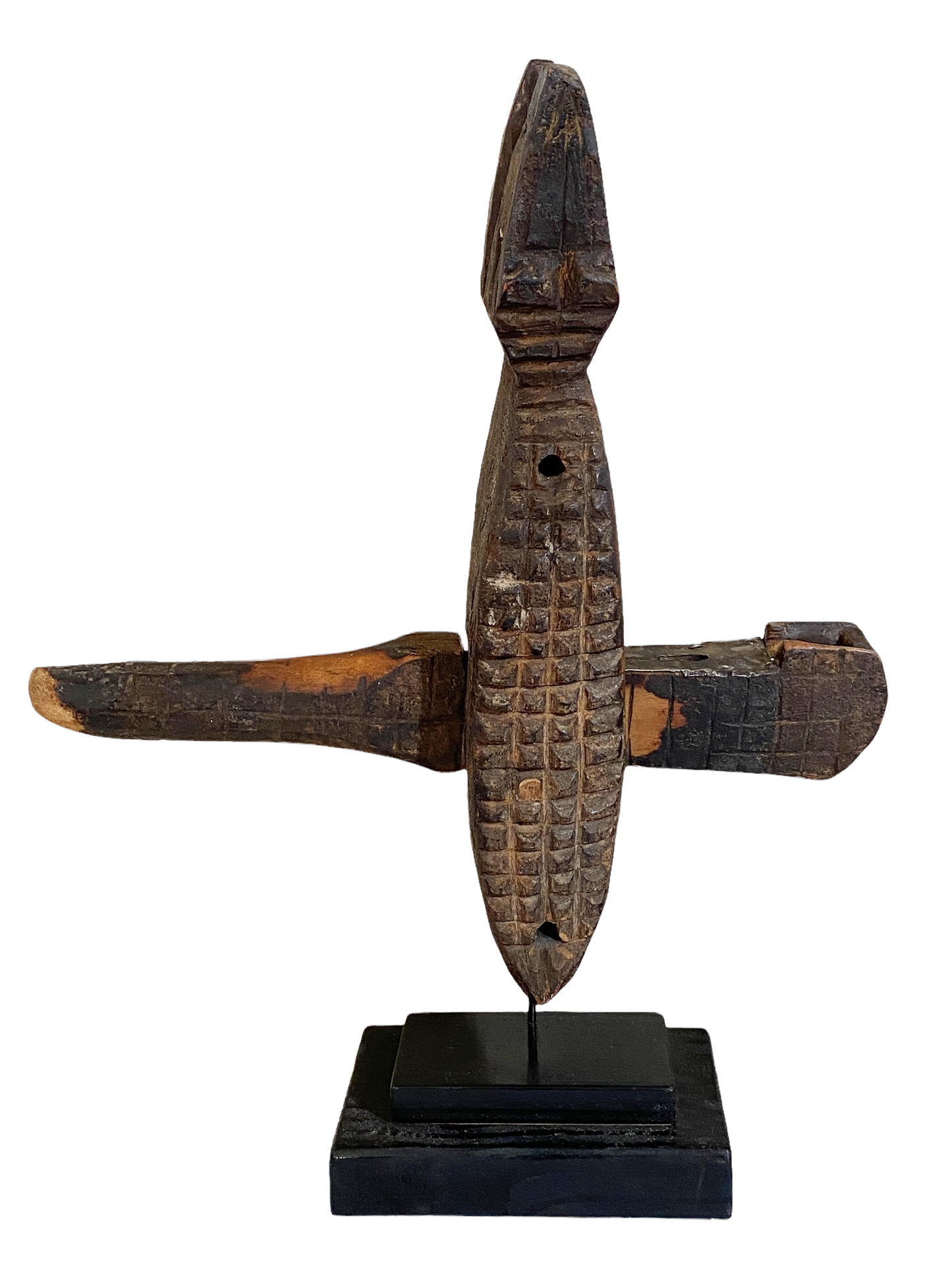 #4729 Old African Dogon Crocodile Lock on Stand Mali 21.5" H