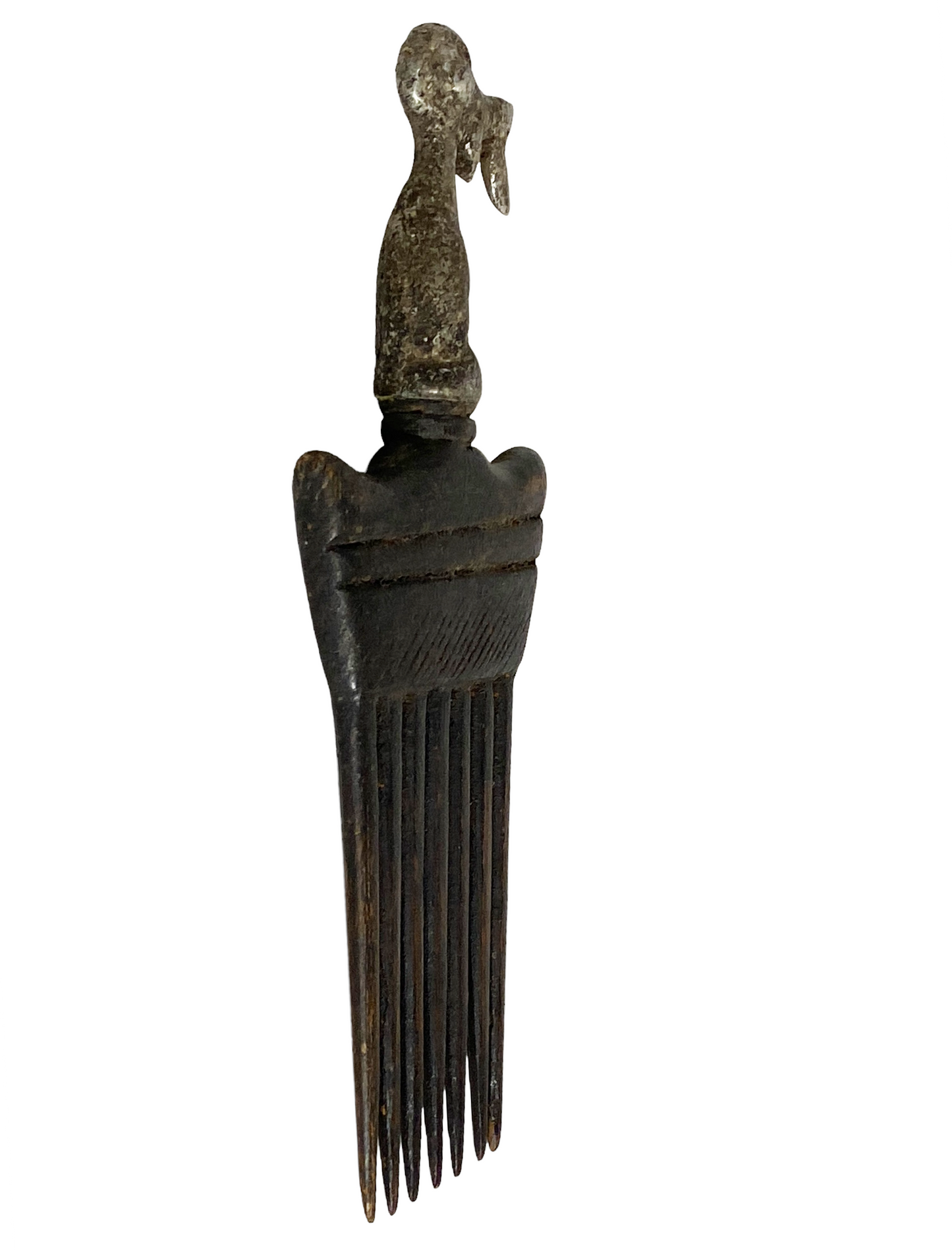#917 African Baule I.Coast Comb W/ Aluminum Bird Head Sculpture 8 " h