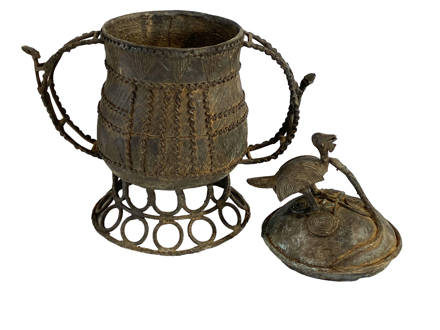 #5220 African Cast Bronze Vessel Kuduo Ashanti Tribe Ghana