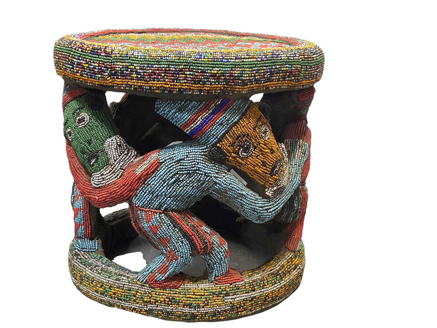 # 4579 LG Nobility Beaded Wood Bamileke Throne /Table/ Stool Cameroon 20" D