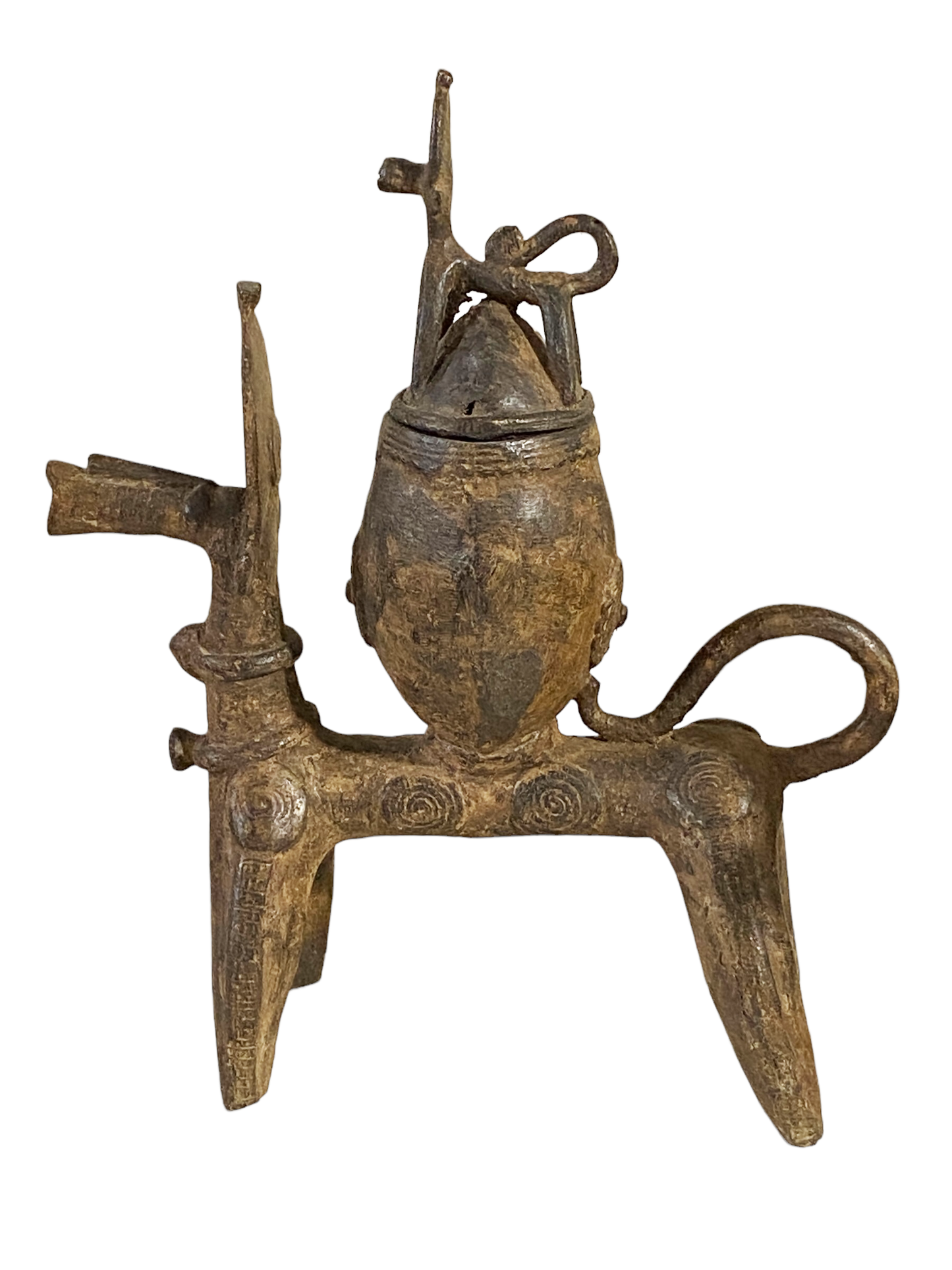 #4910 African Nobility Ceremonial Dogon Bronze Horse w/ Covered Container 12" H