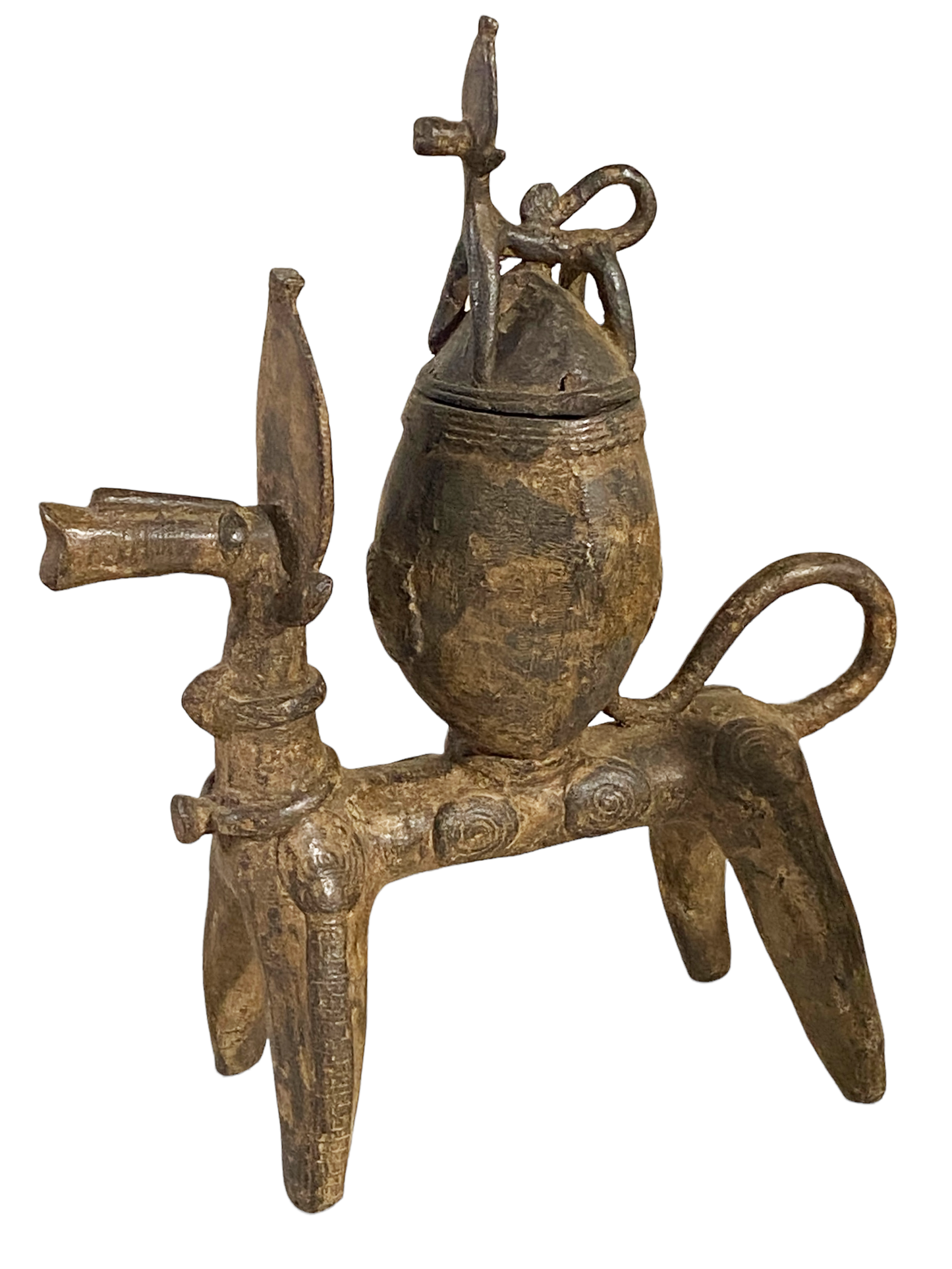 #4910 African Nobility Ceremonial Dogon Bronze Horse w/ Covered Container 12" H