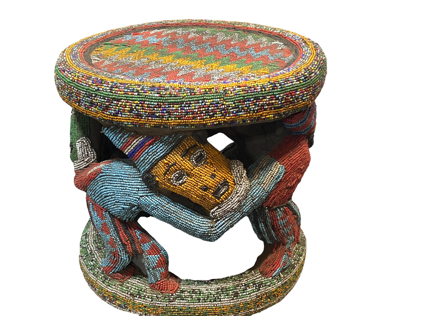 # 4579 LG Nobility Beaded Wood Bamileke Throne /Table/ Stool Cameroon 20" D