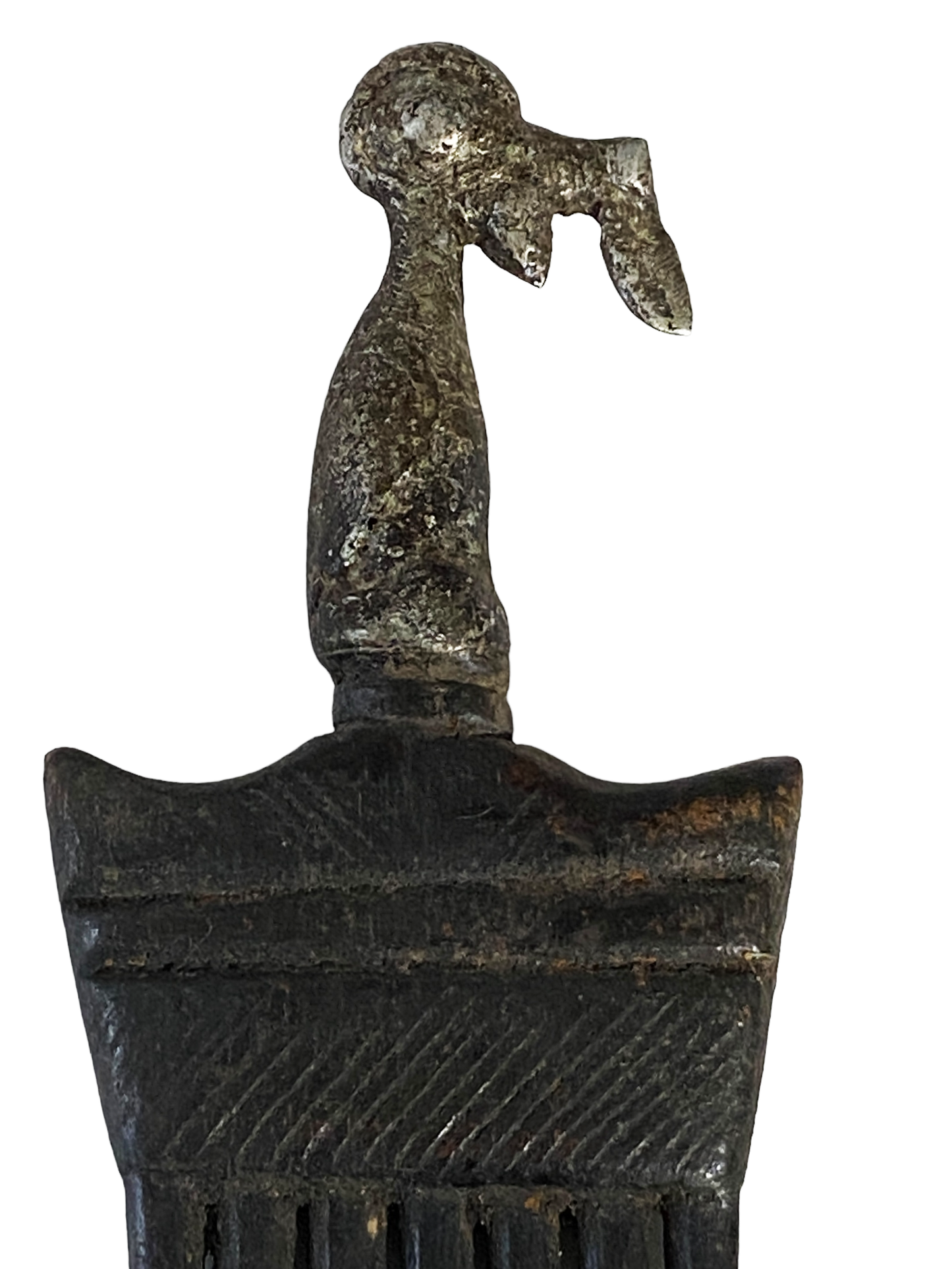 #917 African Baule I.Coast Comb W/ Aluminum Bird Head Sculpture 8 " h