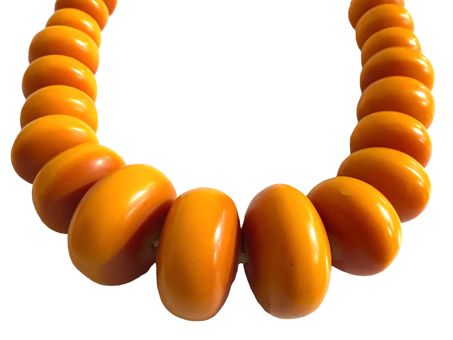 #4554 Superb LG Vtg African Simulated Amber Necklace w/ 71 trade beads