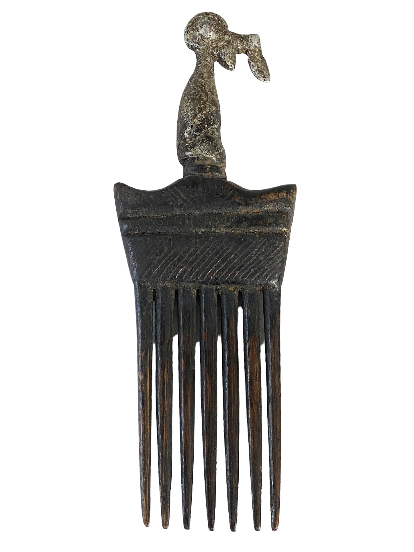 #917 African Baule I.Coast Comb W/ Aluminum Bird Head Sculpture 8 " h