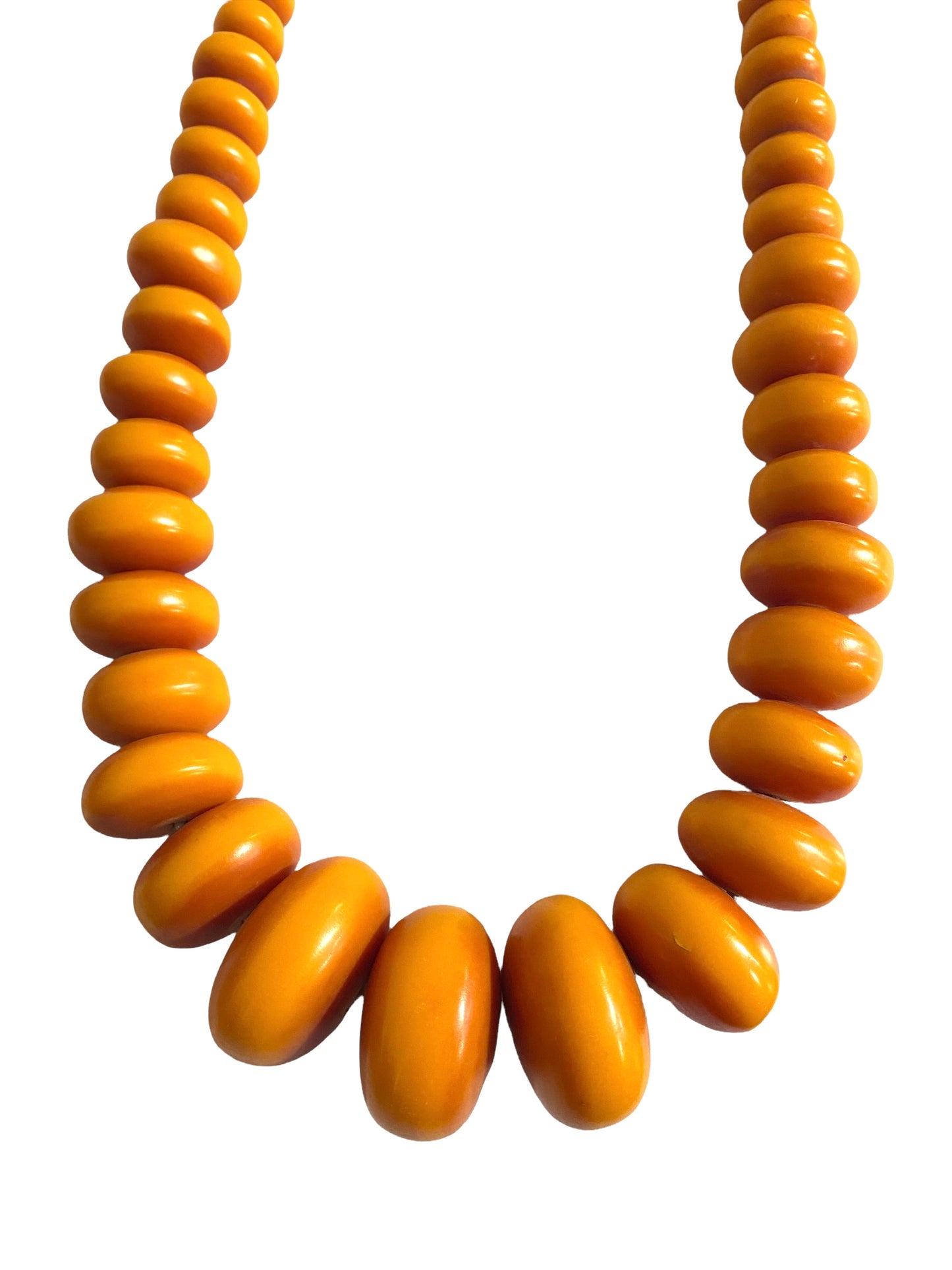 #4554 Superb LG Vtg African Simulated Amber Necklace w/ 71 trade beads