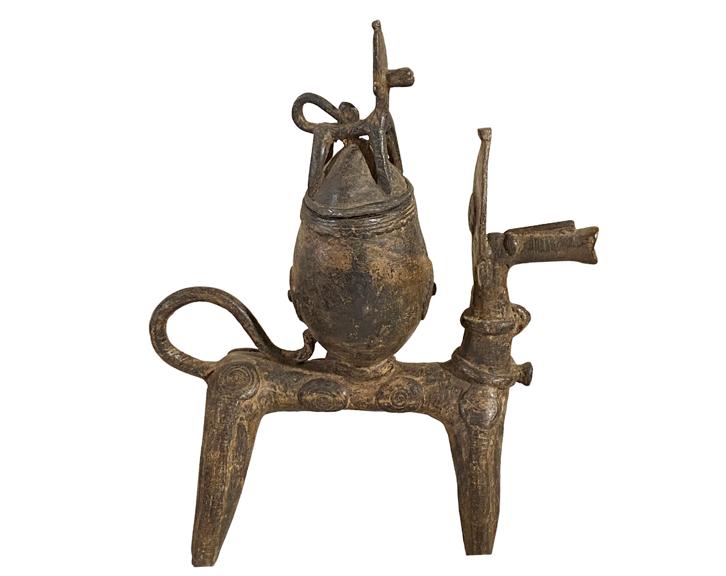 #4910 African Nobility Ceremonial Dogon Bronze Horse w/ Covered Container 12" H
