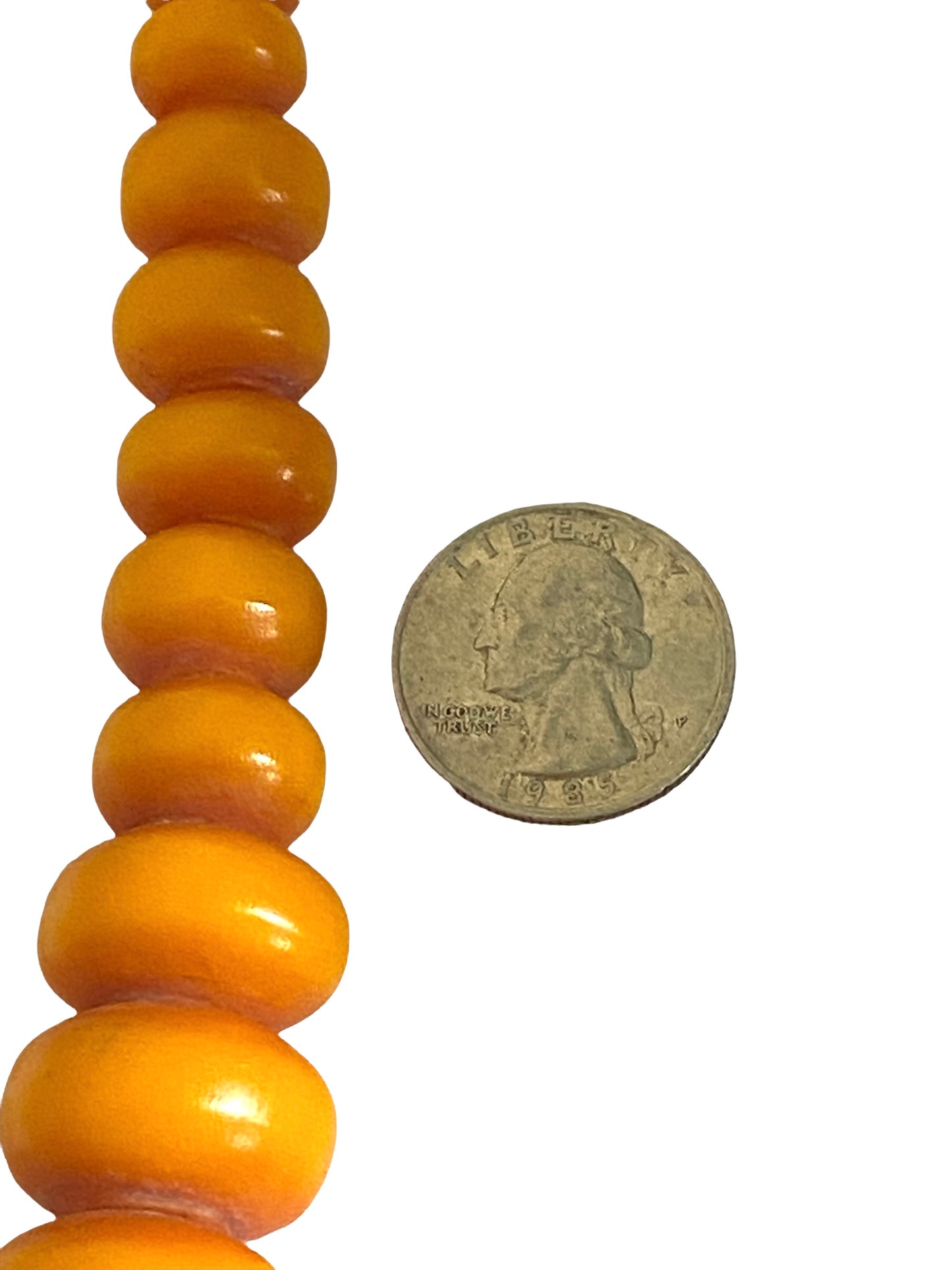 #4554 Superb LG Vtg African Simulated Amber Necklace w/ 71 trade beads