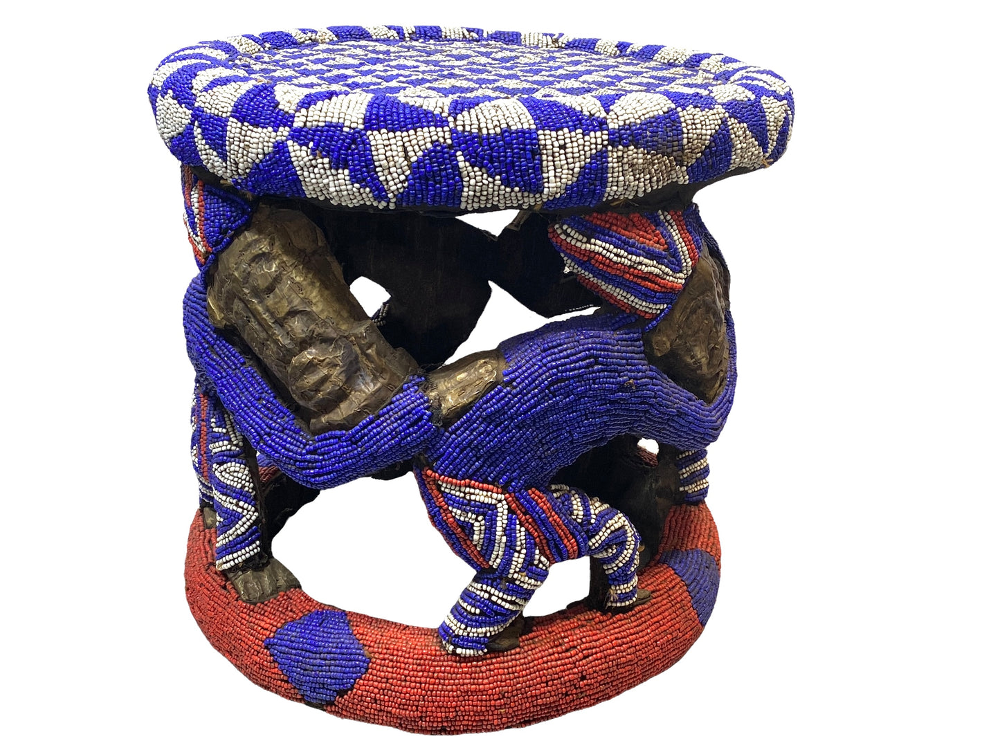 # 4577 LG Nobility Beaded Wood Bamileke Throne /Table/ Stool Cameroon 21" D