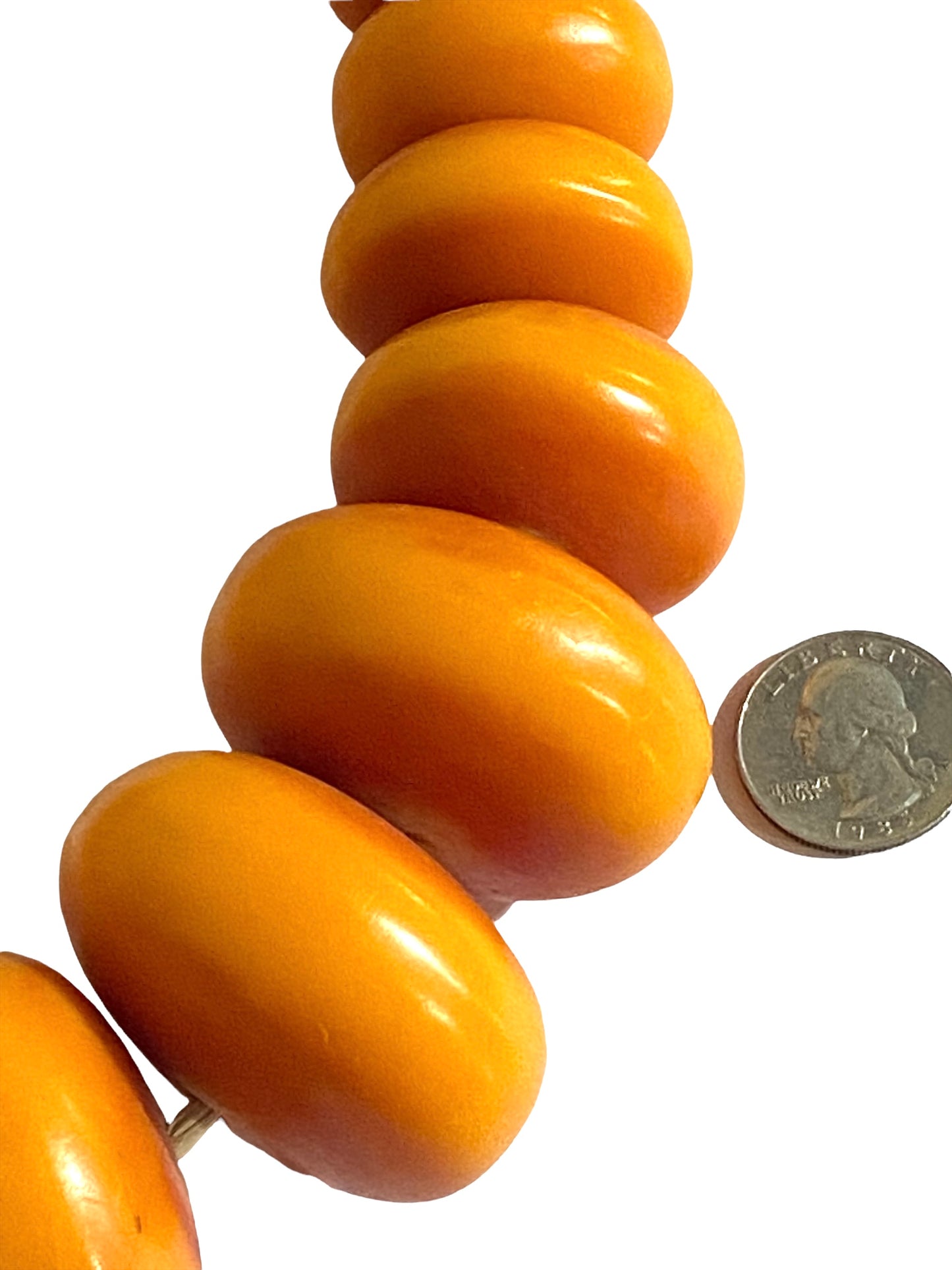 #4554 Superb LG Vtg African Simulated Amber Necklace w/ 71 trade beads