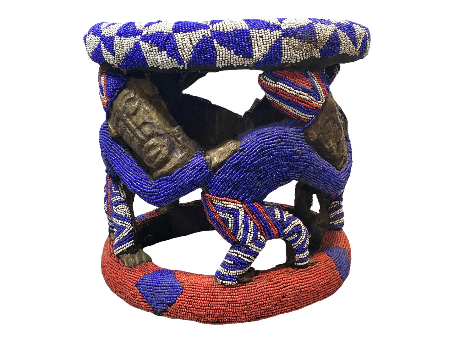 # 4577 LG Nobility Beaded Wood Bamileke Throne /Table/ Stool Cameroon 21" D