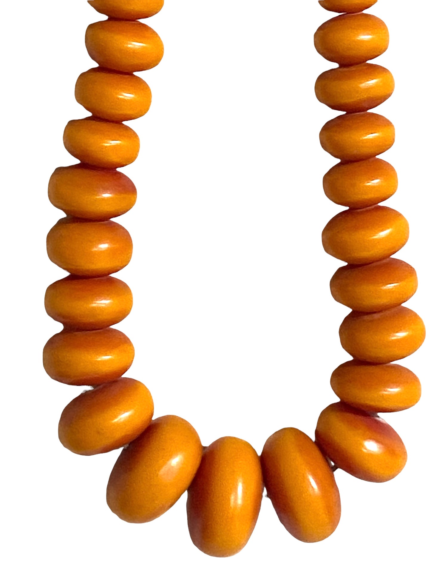 #4554 Superb LG Vtg African Simulated Amber Necklace w/ 71 trade beads
