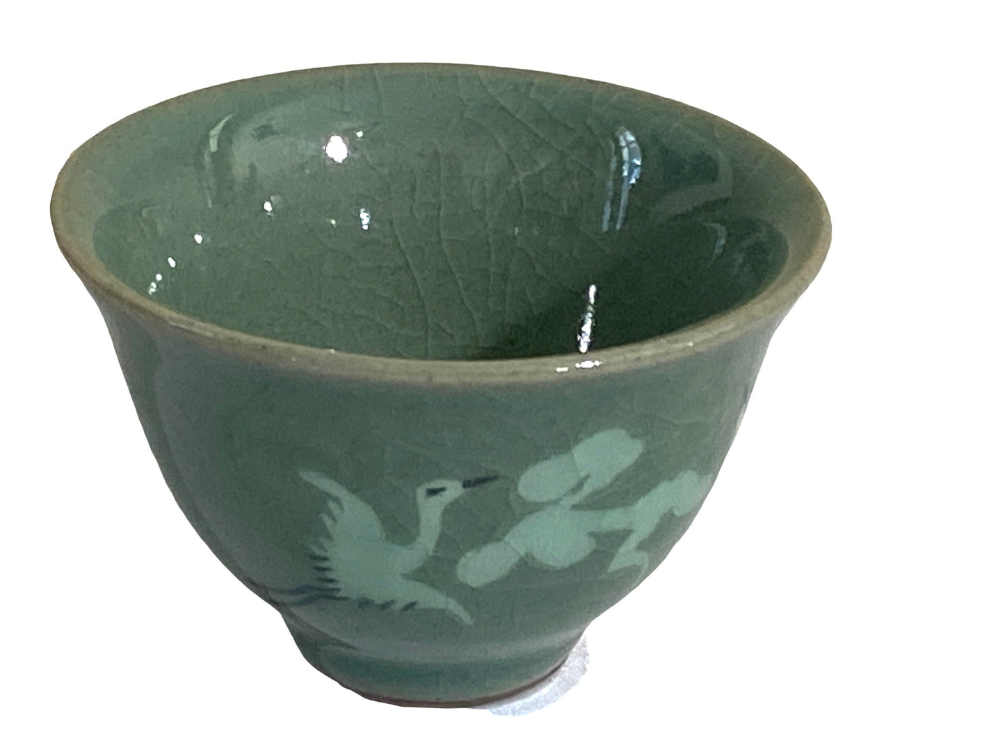 #4264 Vintage Korean Green Celadon Tea Cup Flying Crane Motif