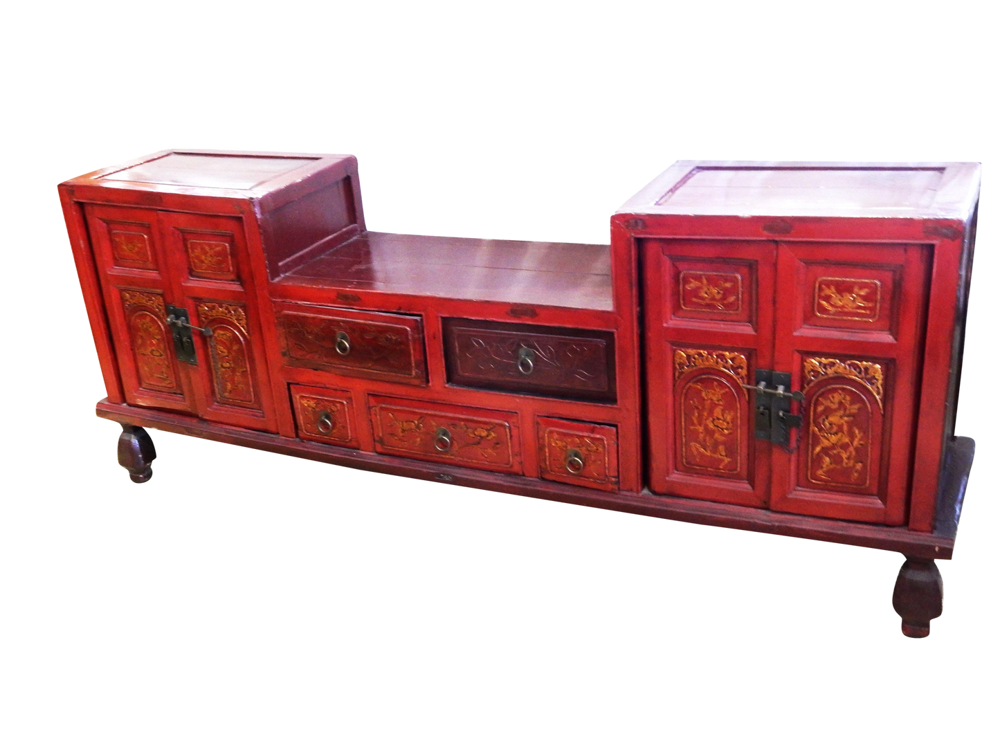 #5009 Antique Chinoiserie Red/Gold Lacquer Wood Low Chest