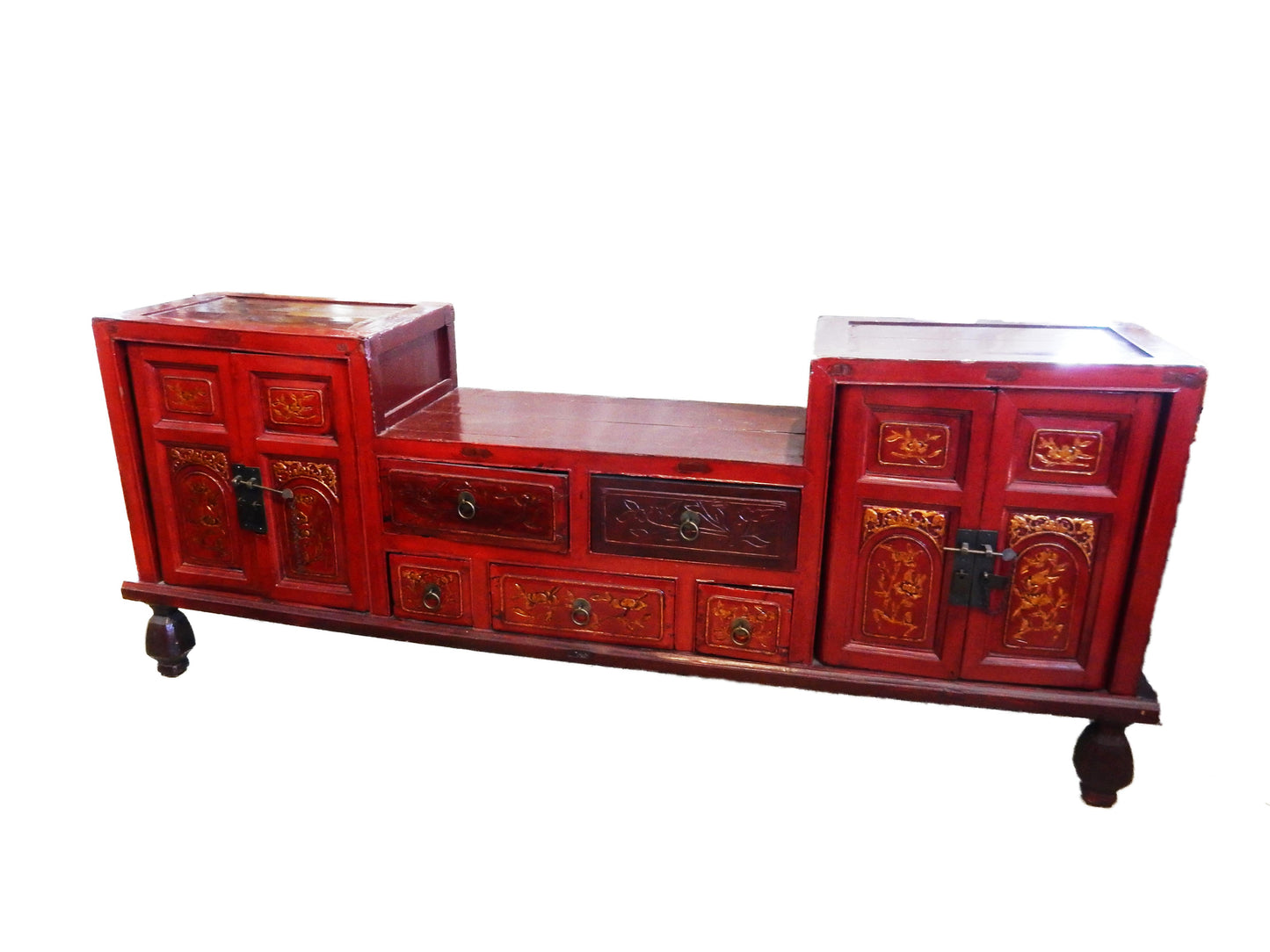 #5009 Antique Chinoiserie Red/Gold Lacquer Wood Low Chest