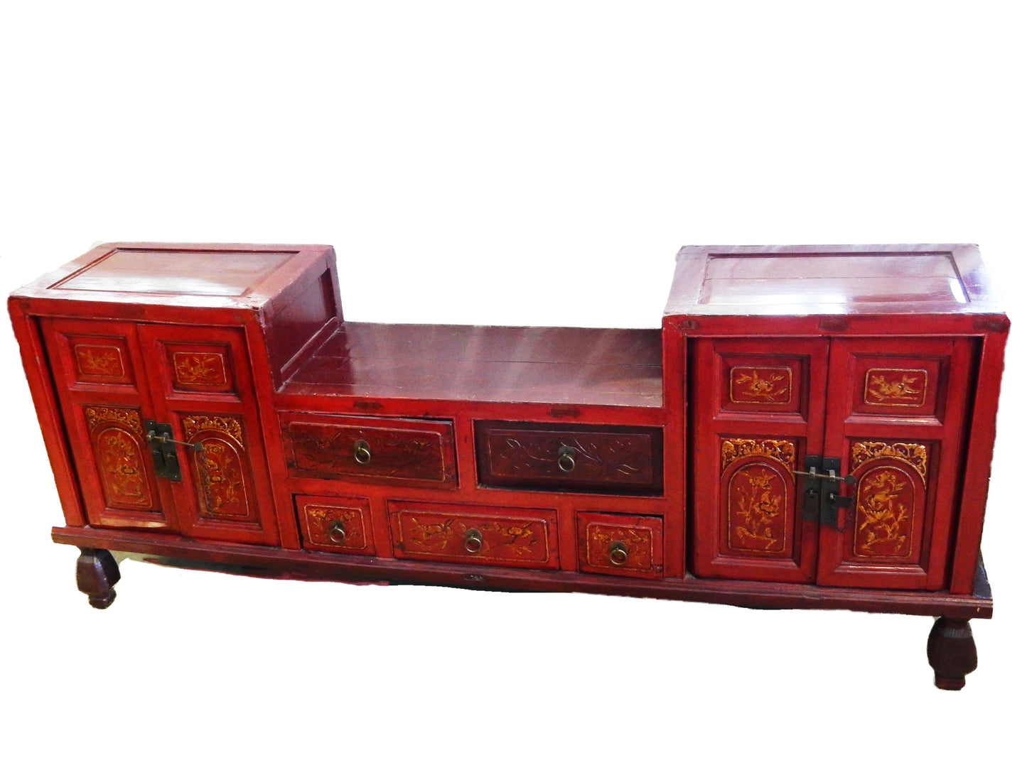 #5009 Antique Chinoiserie Red/Gold Lacquer Wood Low Chest