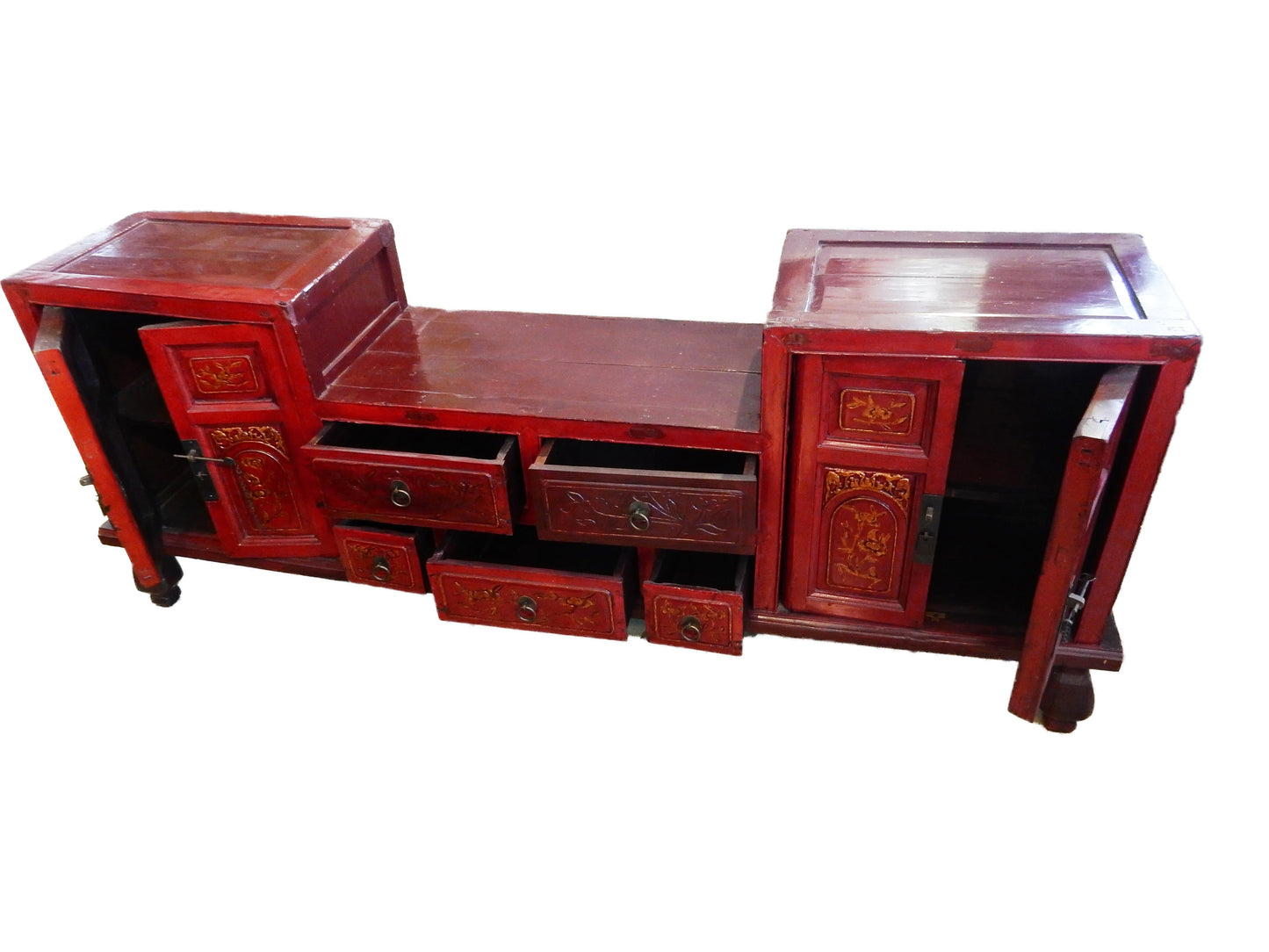 #5009 Antique Chinoiserie Red/Gold Lacquer Wood Low Chest