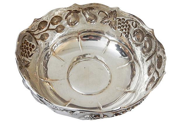 #3759 Old Ornate Repousse Fine Silver Bowl Marked 900
