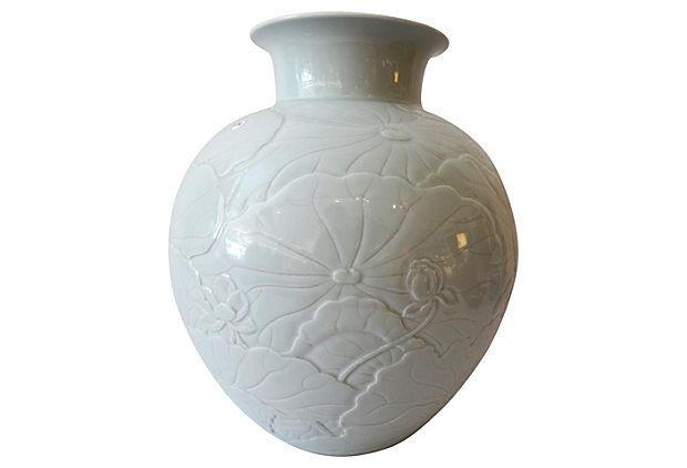 #5788 Superb Large Hand-Carved Celadon Moon Vase w/lotus 15" H