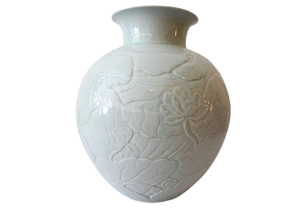 #5788 Superb Large Hand-Carved Celadon Moon Vase w/lotus 15" H