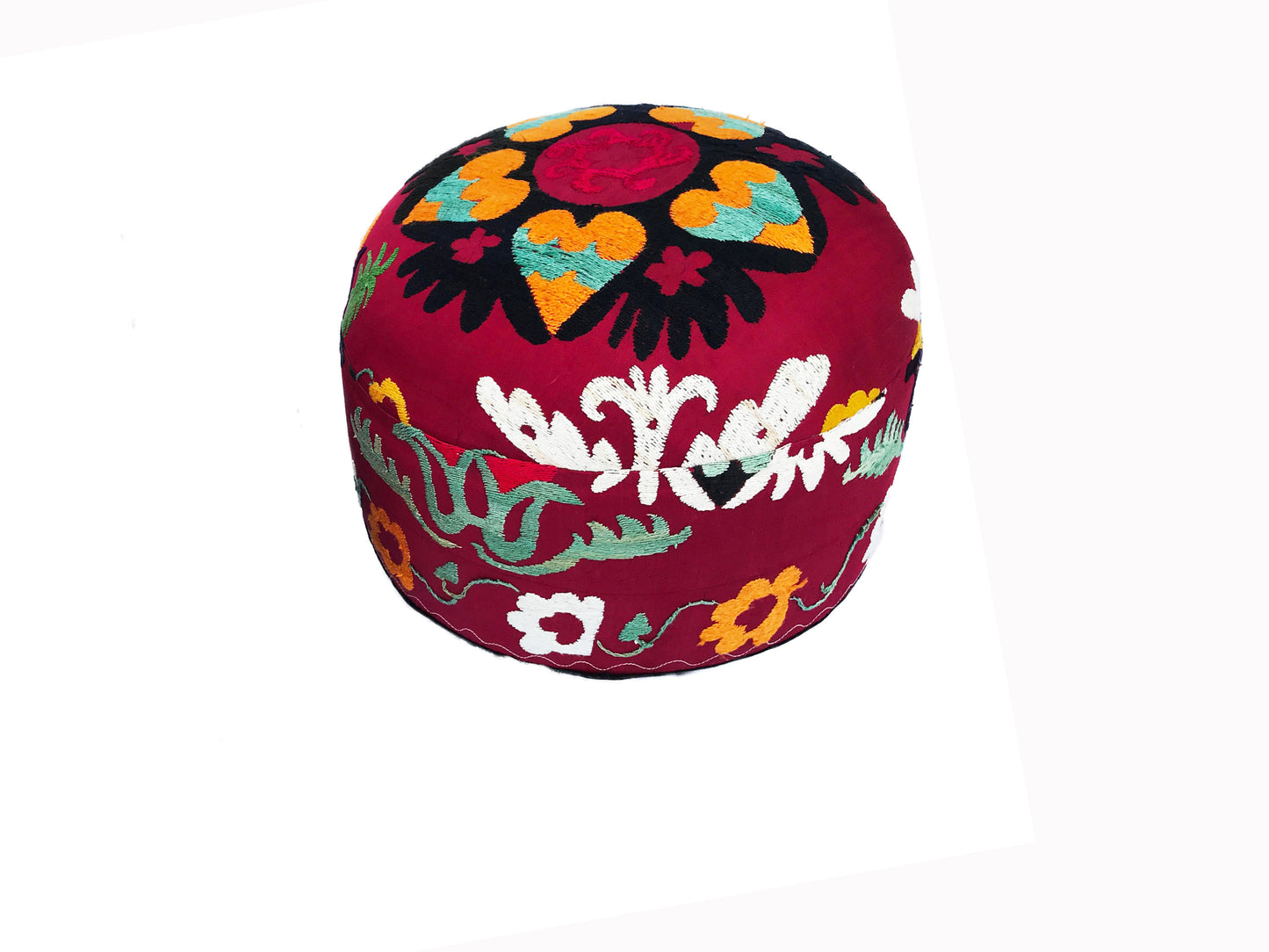 #5020 Custom Made Ottoman With Vintage Uzbeck Suzani Textile 15.75" D