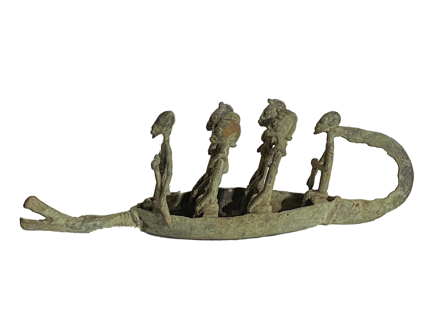#4019 Large Dogon Bronze Pirogue Crocodile Boat W/ figures , Mali 15.5" W