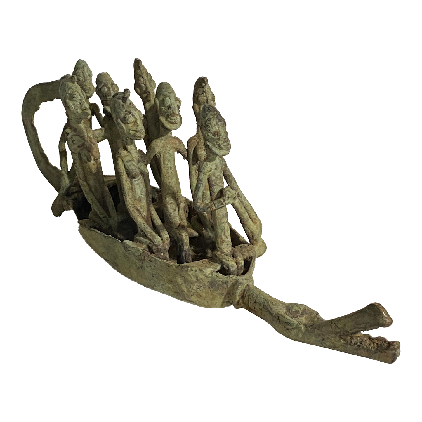 #4019 Large Dogon Bronze Pirogue Crocodile Boat W/ figures , Mali 15.5" W