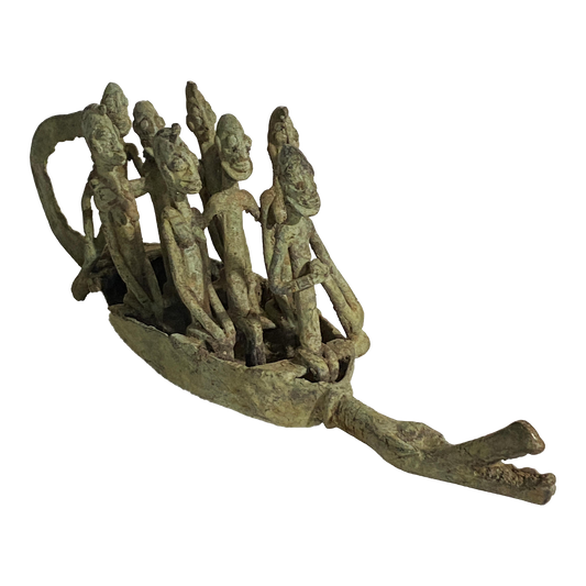 #4019 Large Dogon Bronze Pirogue  Crocodile Boat W/ figures , Mali  15.5" W